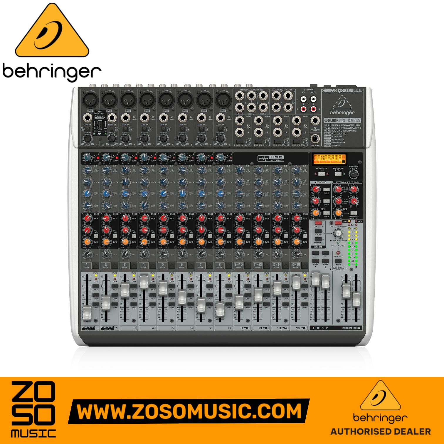 Zoso Music Behringer Xenyx QX2222USB audio mixer with USB interface, built-in effects, and multiple channel inputs.