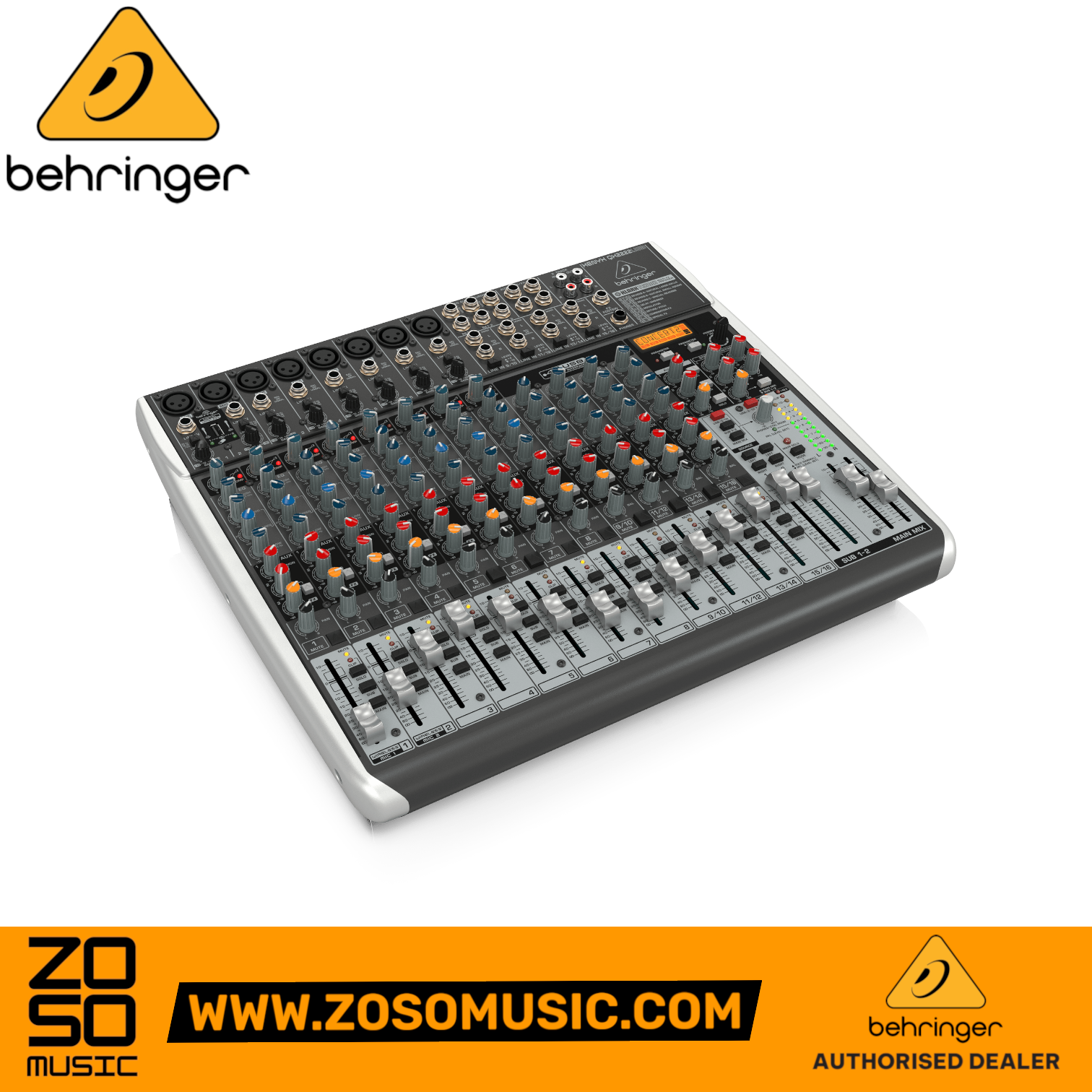Zoso Music Behringer Xenyx QX2222USB mixer with USB interface and built-in effects, featuring multi-channel controls.