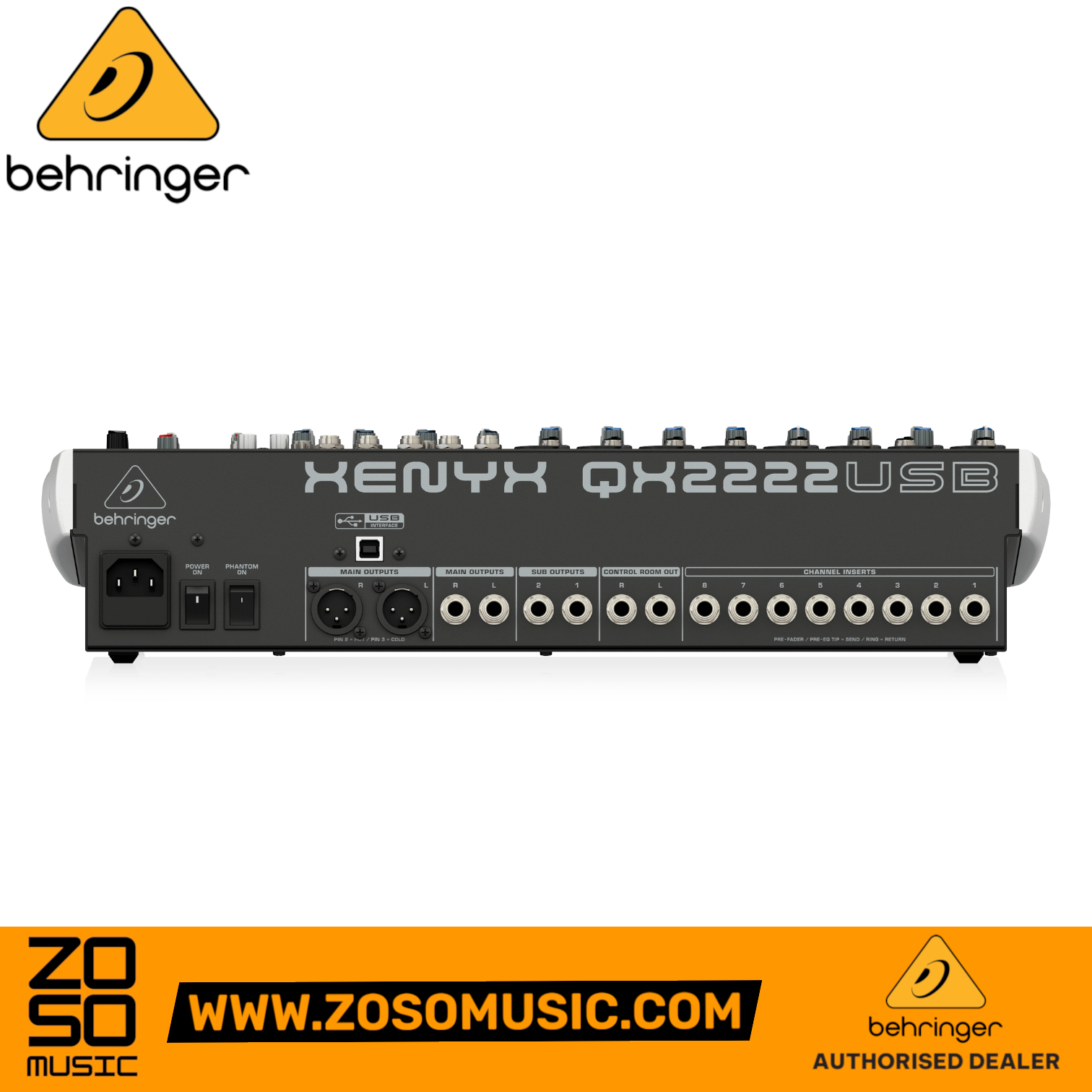 Zoso Music Behringer Xenyx QX2222USB audio mixer rear panel showing XLR and jack input outputs