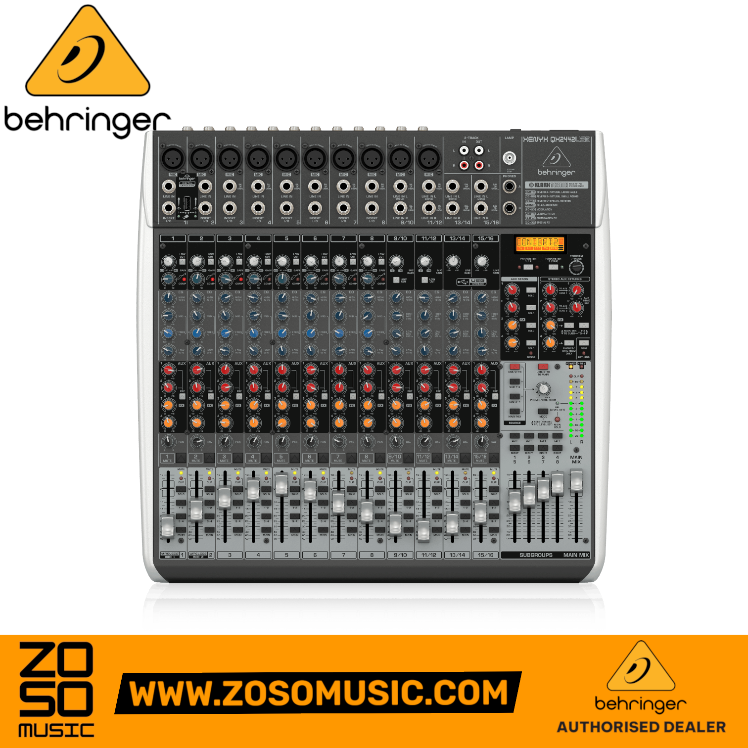 Zoso Music Behringer Xenyx QX2442USB 16-channel analog mixer with USB interface, Klark Teknik FX, and faders.