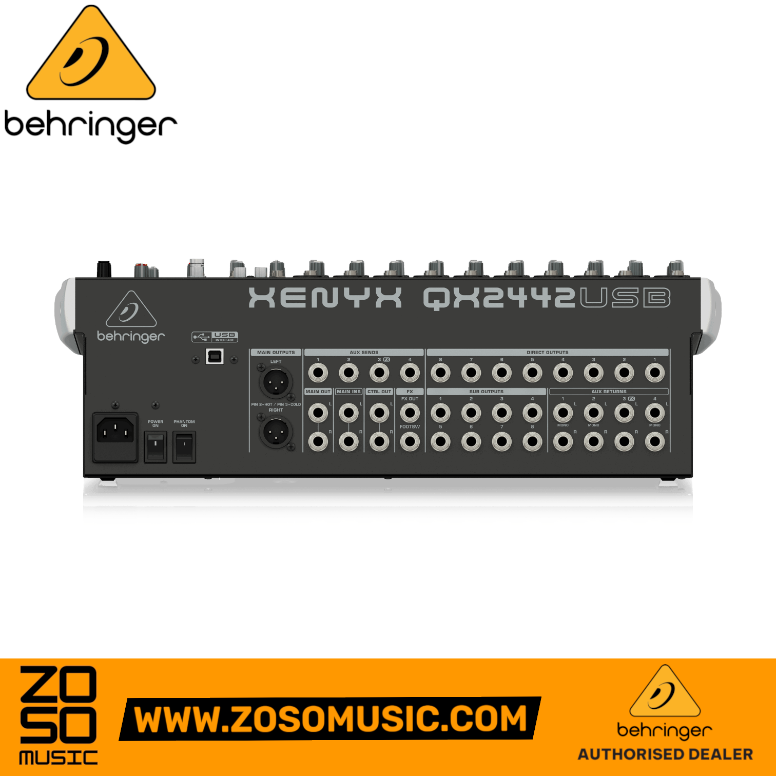 Zoso Music Behringer Xenyx QX2442USB mixer rear panel showing USB, XLR, and TRS input and output connections.