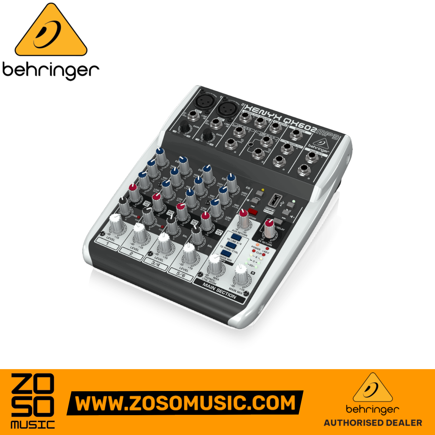 Zoso Music Behringer XENYX QX602MP3 6-input compact audio mixer with USB MP3 player and Klark Teknik FX processor