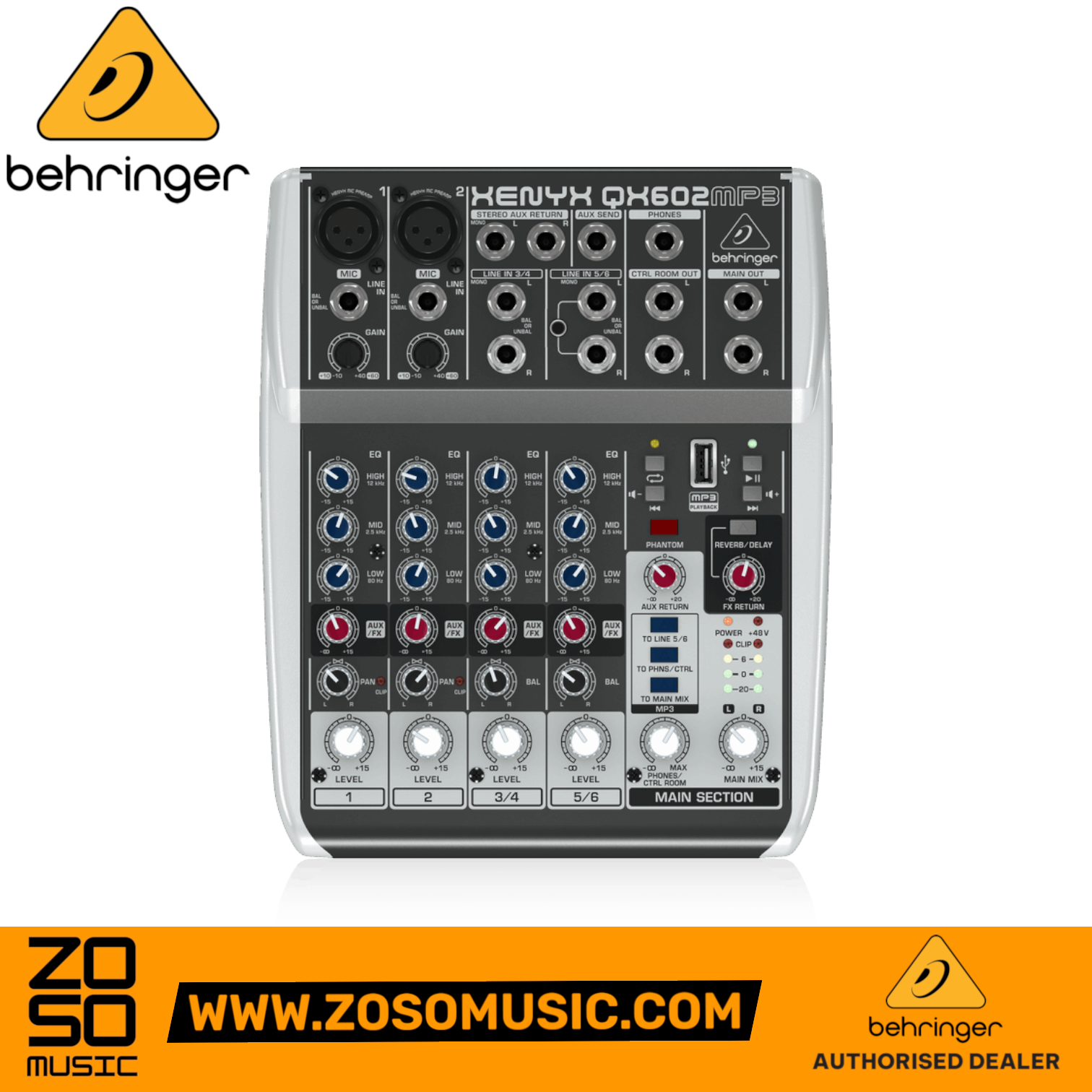 Zoso Music Behringer XENYX QX602MP3 compact 6-input mixer with USB MP3 player, mic preamps, and Klark Teknik FX