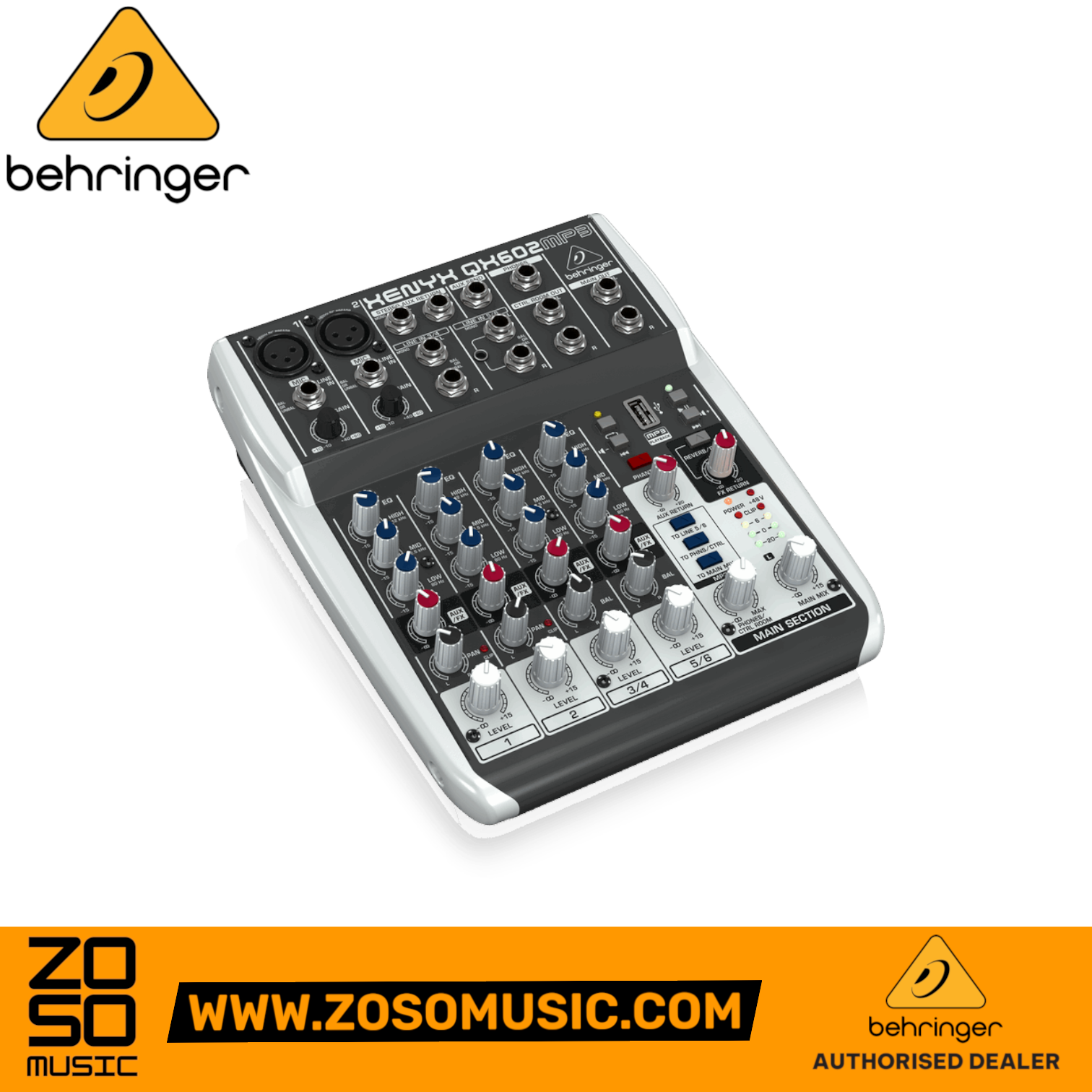 Zoso Music Behringer XENYX QX602MP3 compact 6-input mixer with built-in MP3 player and Klark Teknik FX processor