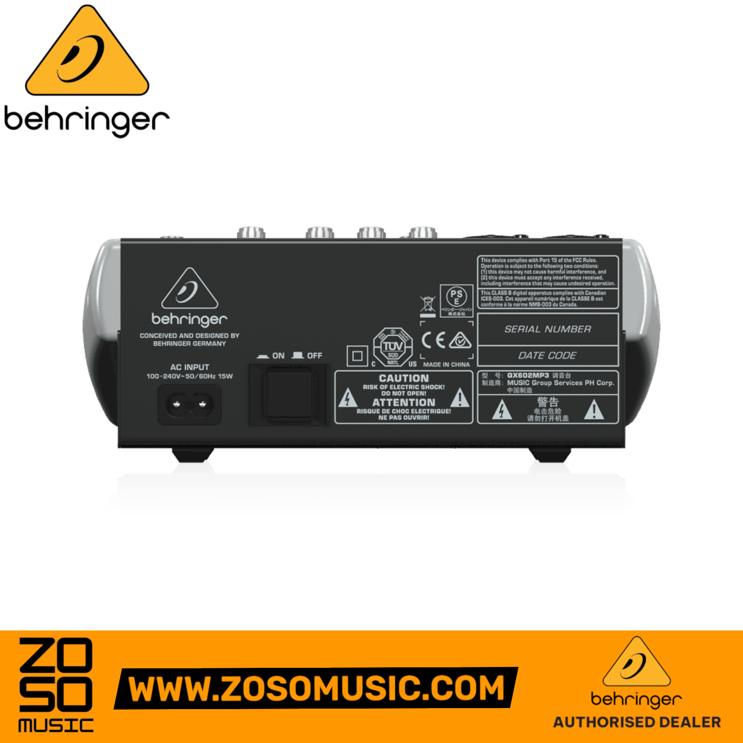 Rear panel of the Zoso Music Behringer XENYX QX602MP3 mixer showing power input, serial number, and safety labels.