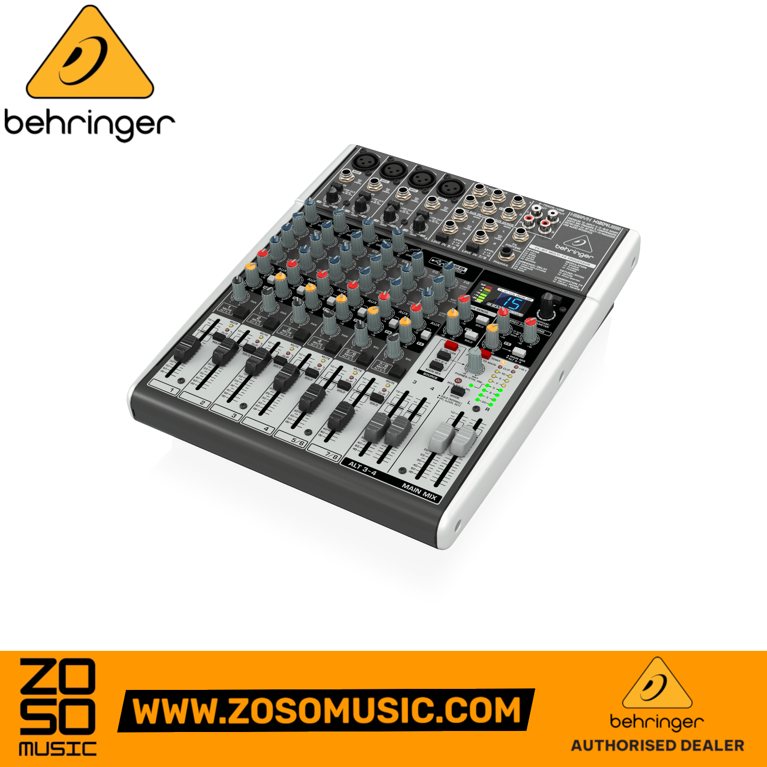Zoso Music Behringer Xenyx X1204USB 8-channel analog mixer with USB interface, compressors, and built-in effects.