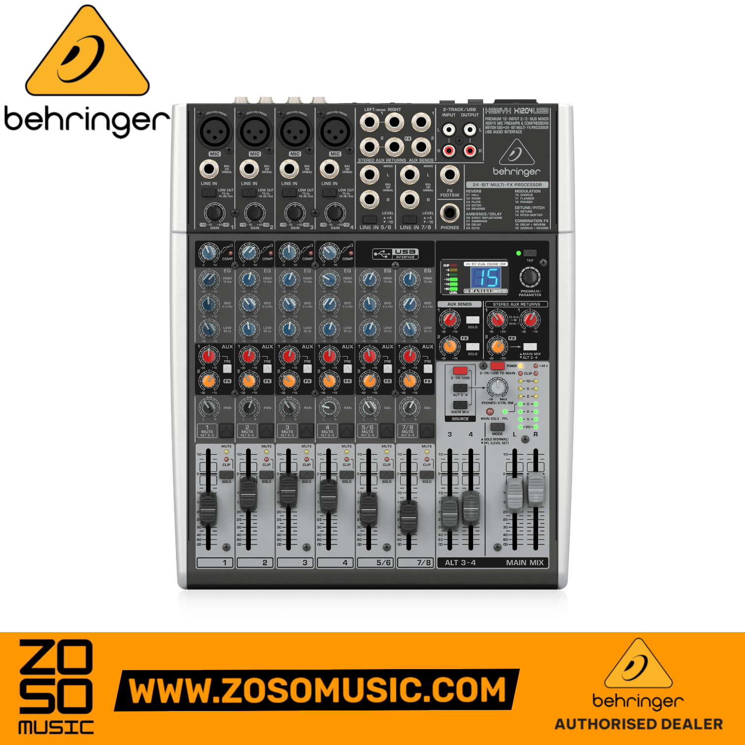 Behringer Xenyx X1204USB 8-channel analog mixer with USB interface, built-in effects, and compressors from Zoso Music