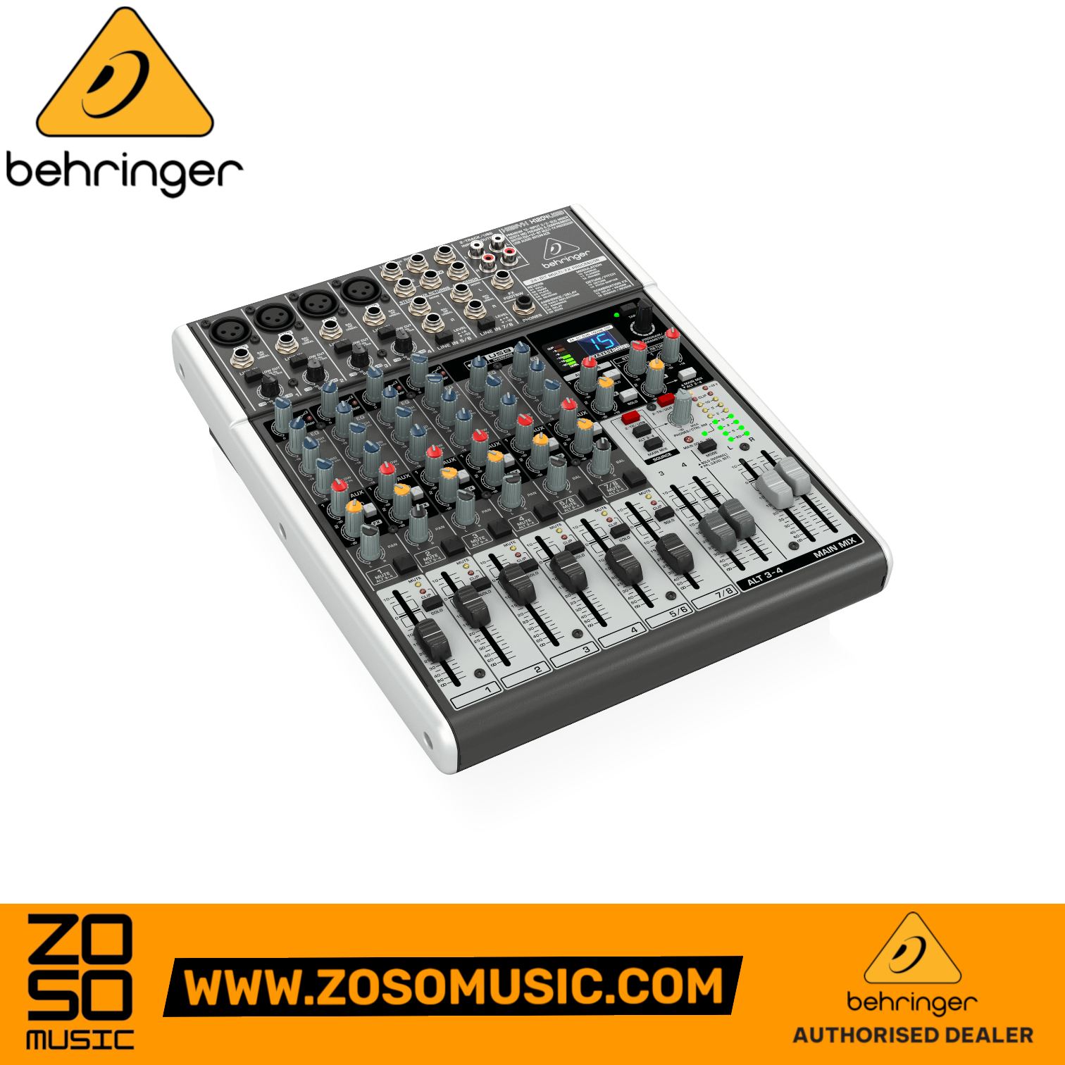 Zoso Music Behringer Xenyx X1204USB 8-channel analog mixer with USB interface, compressors, and effects processor.