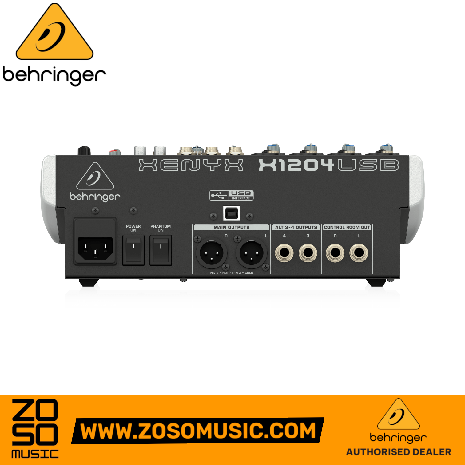 Zoso Music Behringer Xenyx X1204USB mixer rear panel showing XLR and TRS outputs, power switch, and USB interface port.