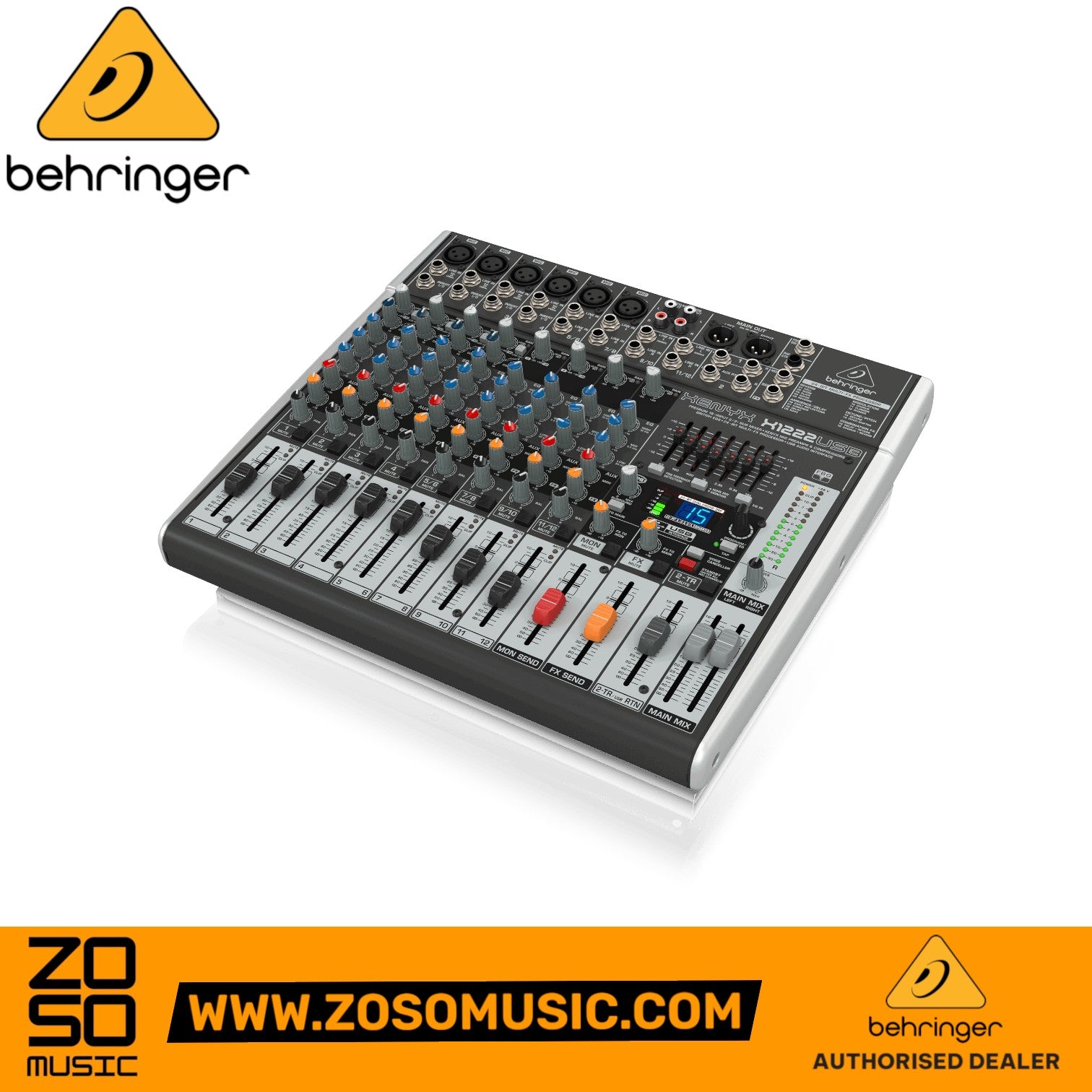 Zoso Music Behringer Xenyx X1222USB 12-channel analog mixer with USB interface, multi-FX processor, and faders.