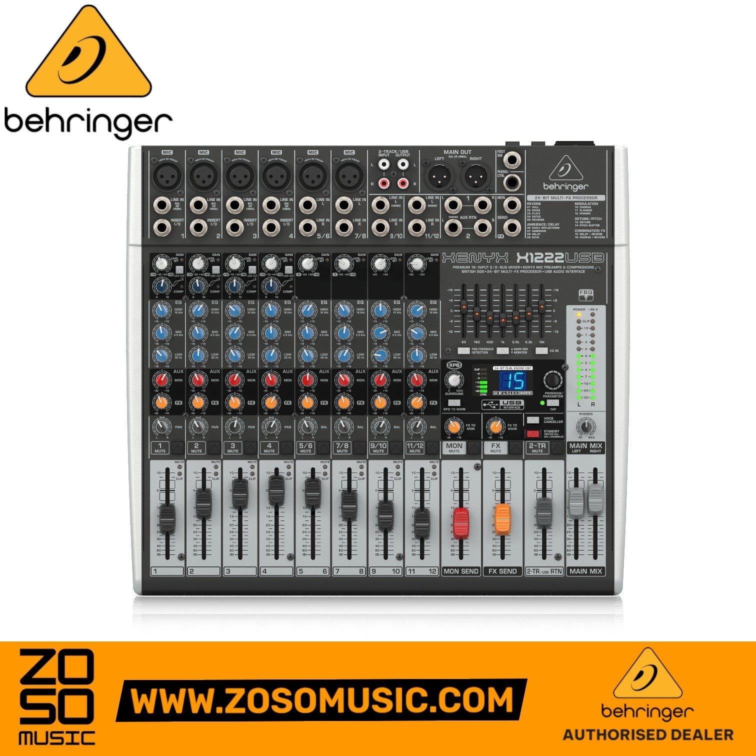 Zoso Music Behringer Xenyx X1222USB 12-channel analog mixer with USB interface, built-in effects, and fader controls