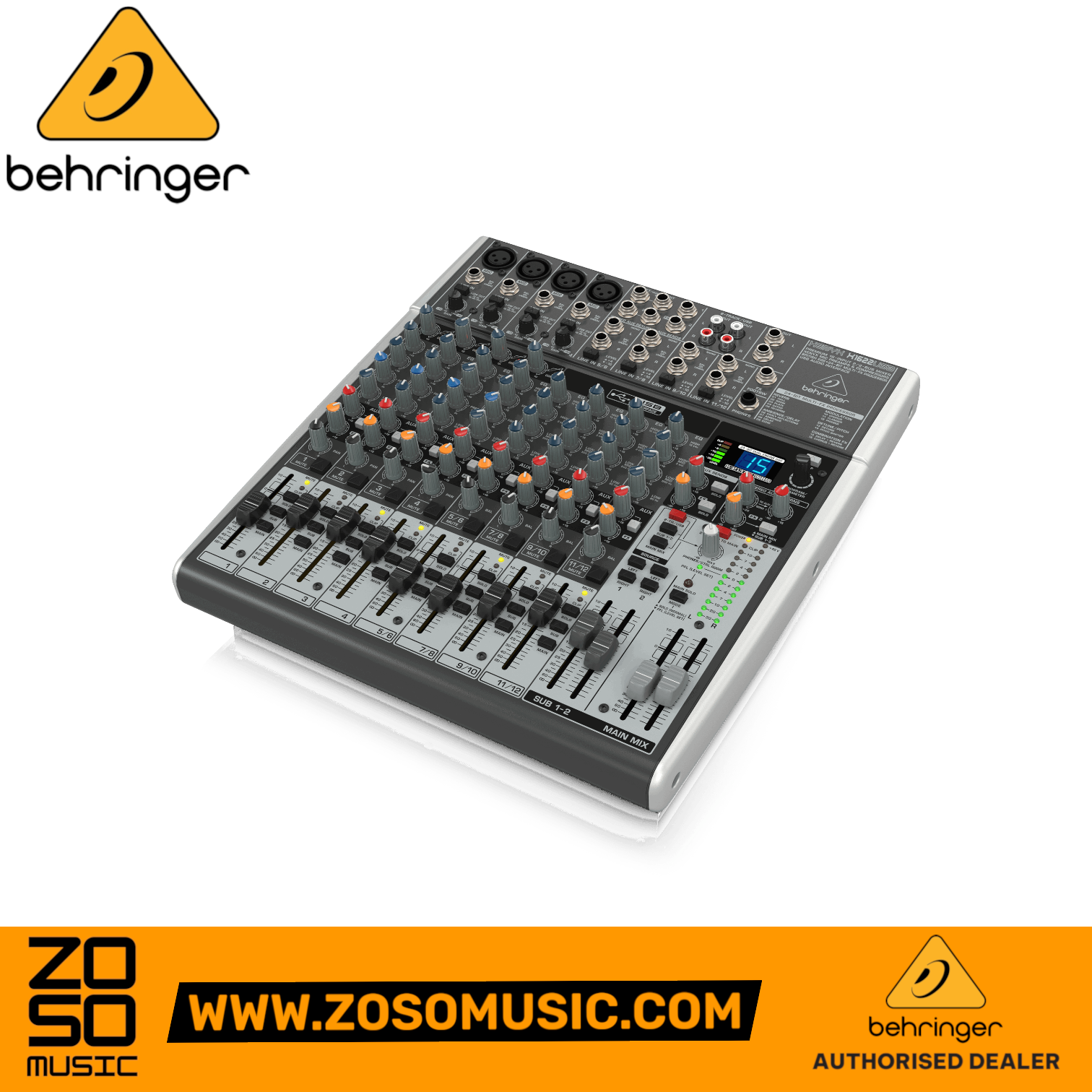 Behringer Xenyx X1622USB 12-channel analog mixer with USB interface and effects, sold by Zoso Music.