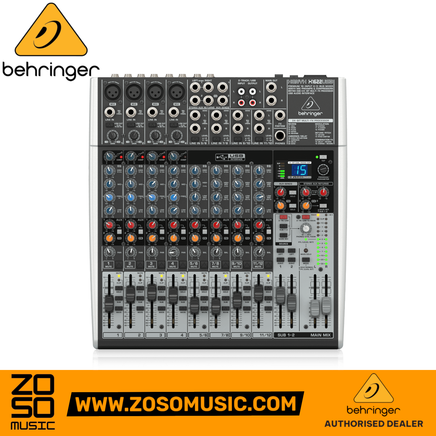 Behringer Xenyx X1622USB 12-channel analog mixer with USB interface and effects, sold at Zoso Music