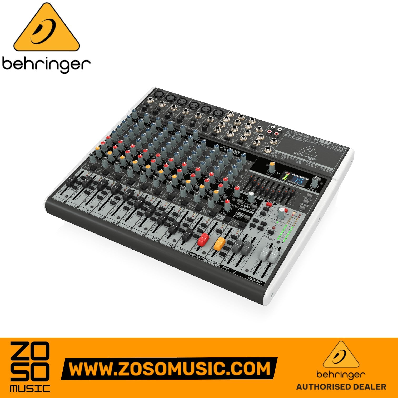 Zoso Music Behringer Xenyx X1832USB 14-channel analog mixer with USB interface, multi-effects, and graphic EQ.