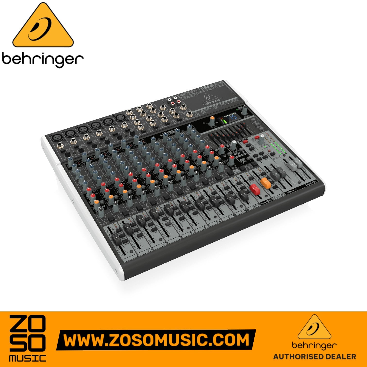 Zoso Music Behringer Xenyx X1832USB 14-channel analog mixer with USB interface, effects, and faders.