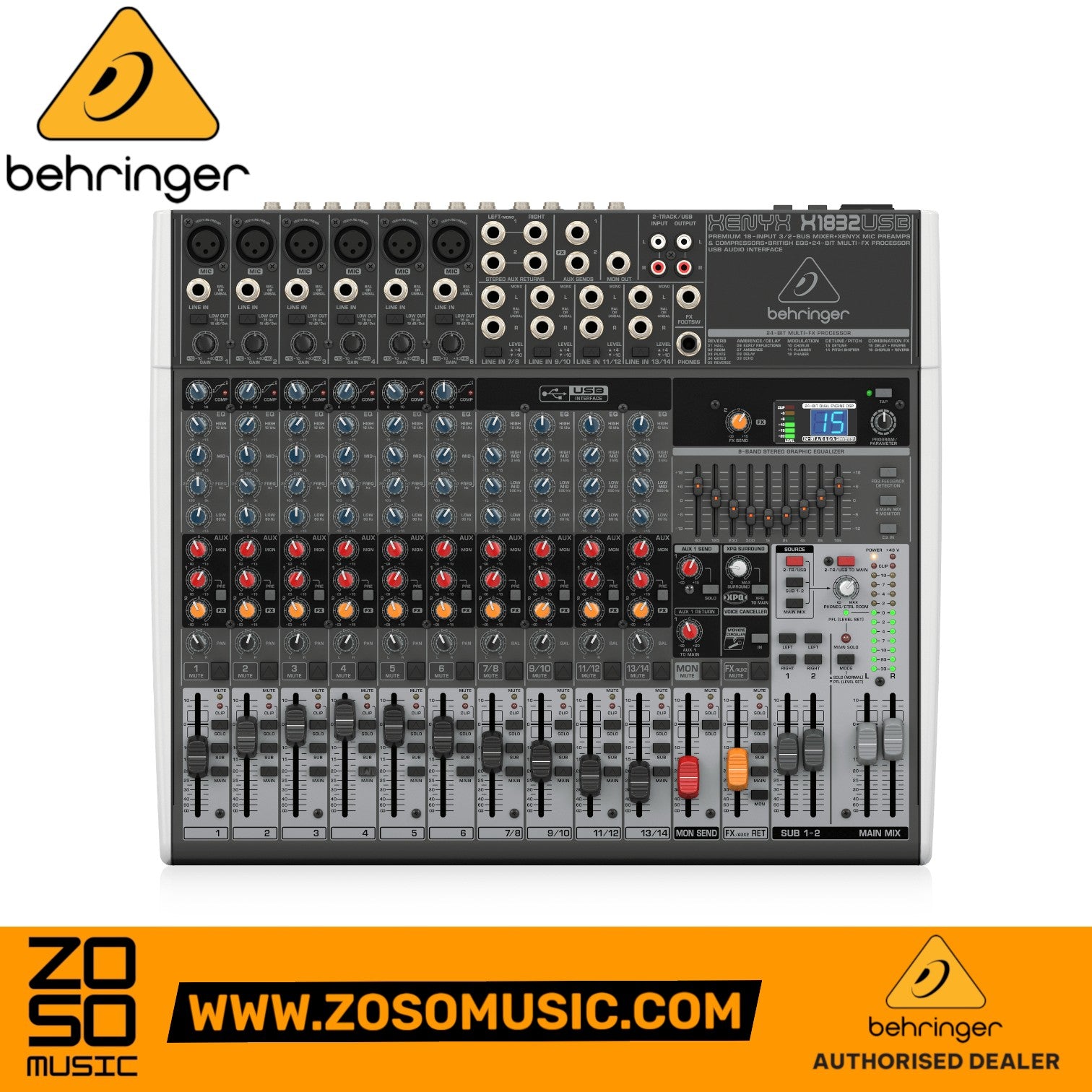 Zoso Music Behringer Xenyx X1832USB 14-channel analog mixer with USB interface, graphic EQ, and built-in effects.