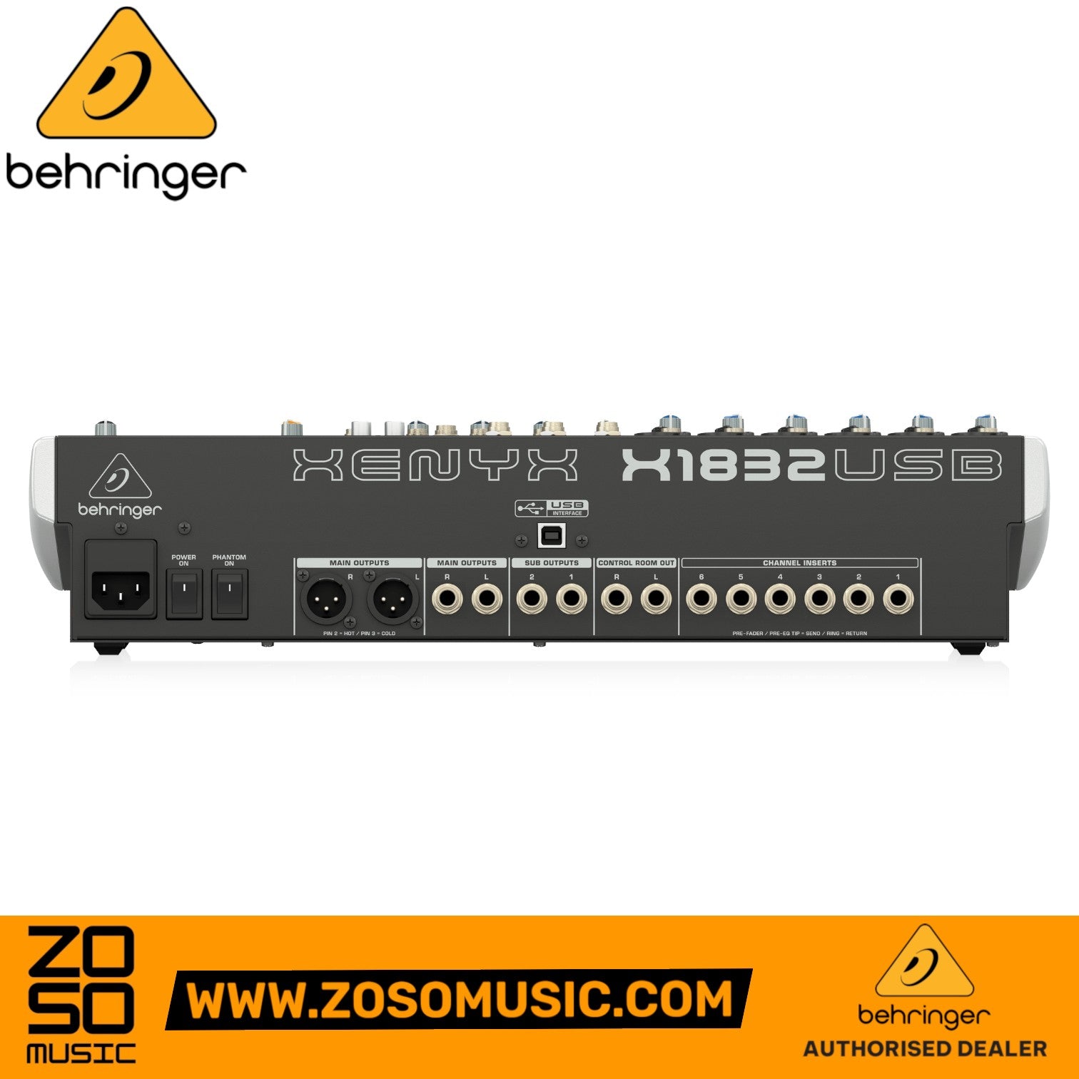 Rear panel of the Zoso Music Behringer Xenyx X1832USB 14-channel mixer showing XLR and TRS input and output ports.