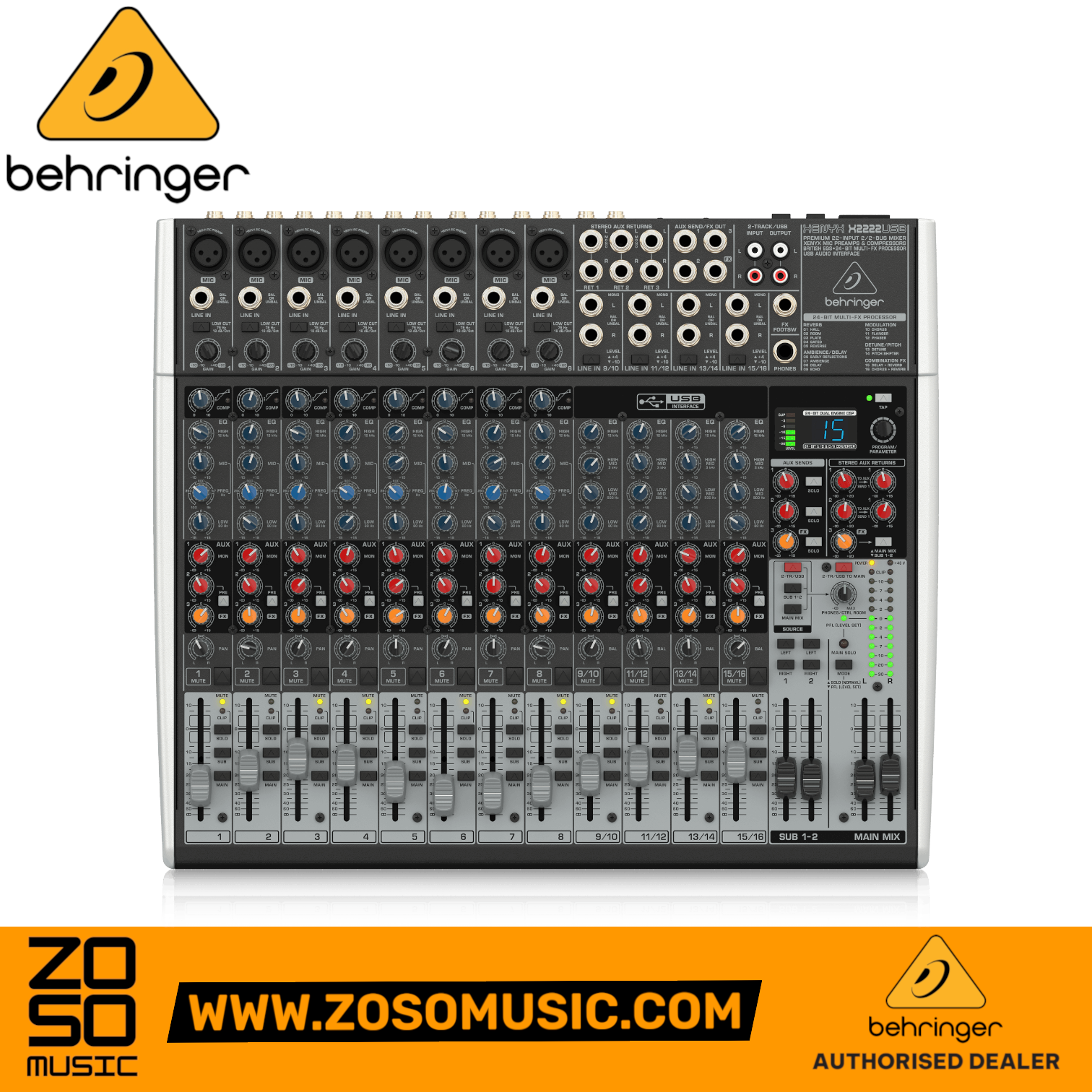 Behringer Xenyx X2222USB 12-channel analog mixer with USB interface and effects, sold by Zoso Music.