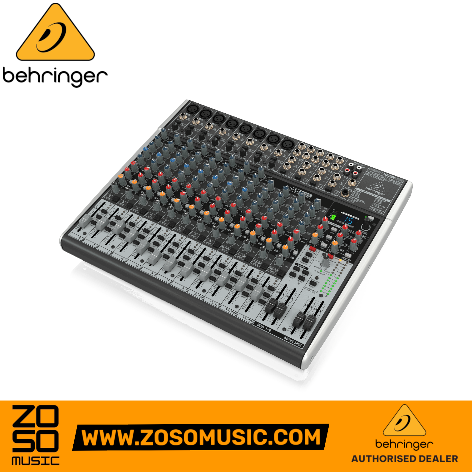 Behringer Xenyx X2222USB 12-channel analog mixer with USB interface and effects, available at Zoso Music.