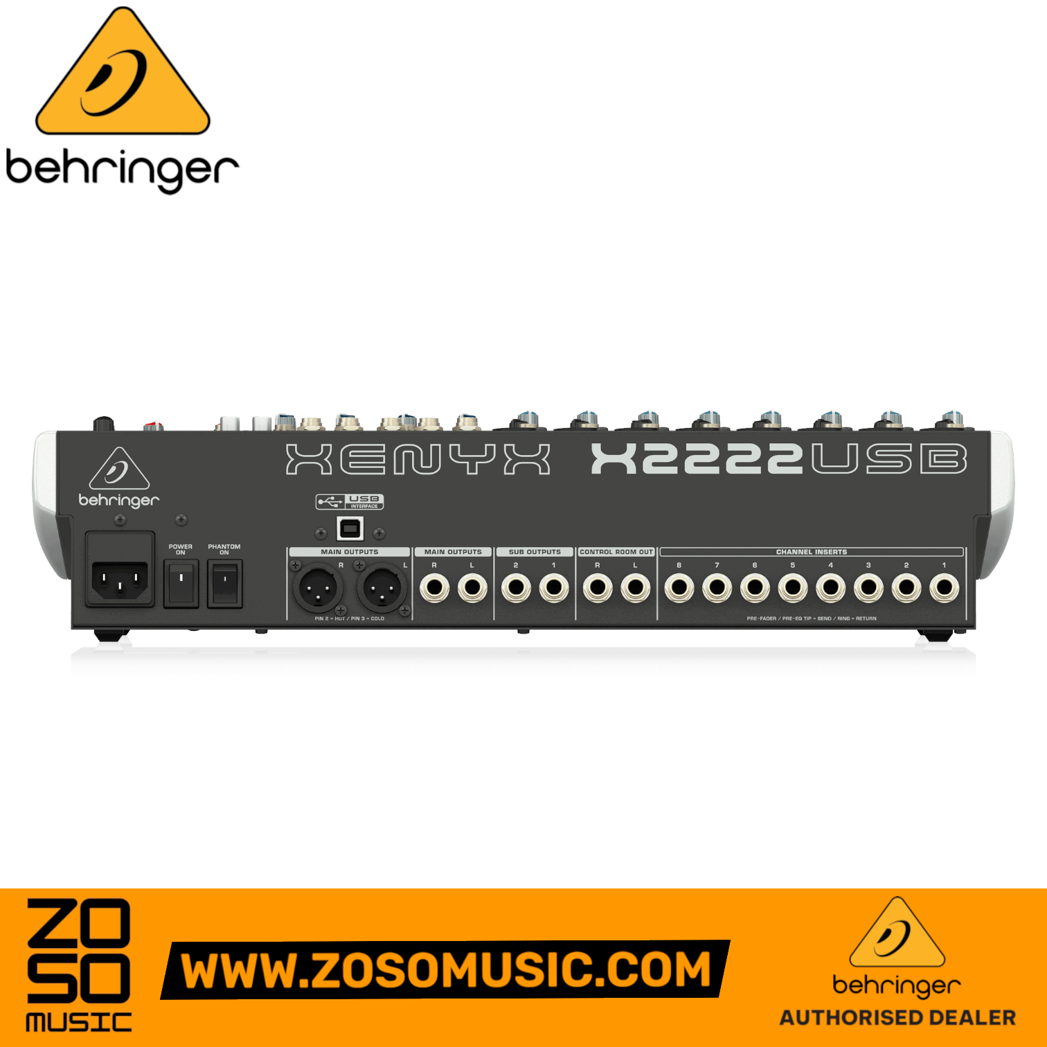 Rear panel view of the Zoso Music Behringer Xenyx X2222USB mixer showing XLR outputs, USB interface, and channel inserts.