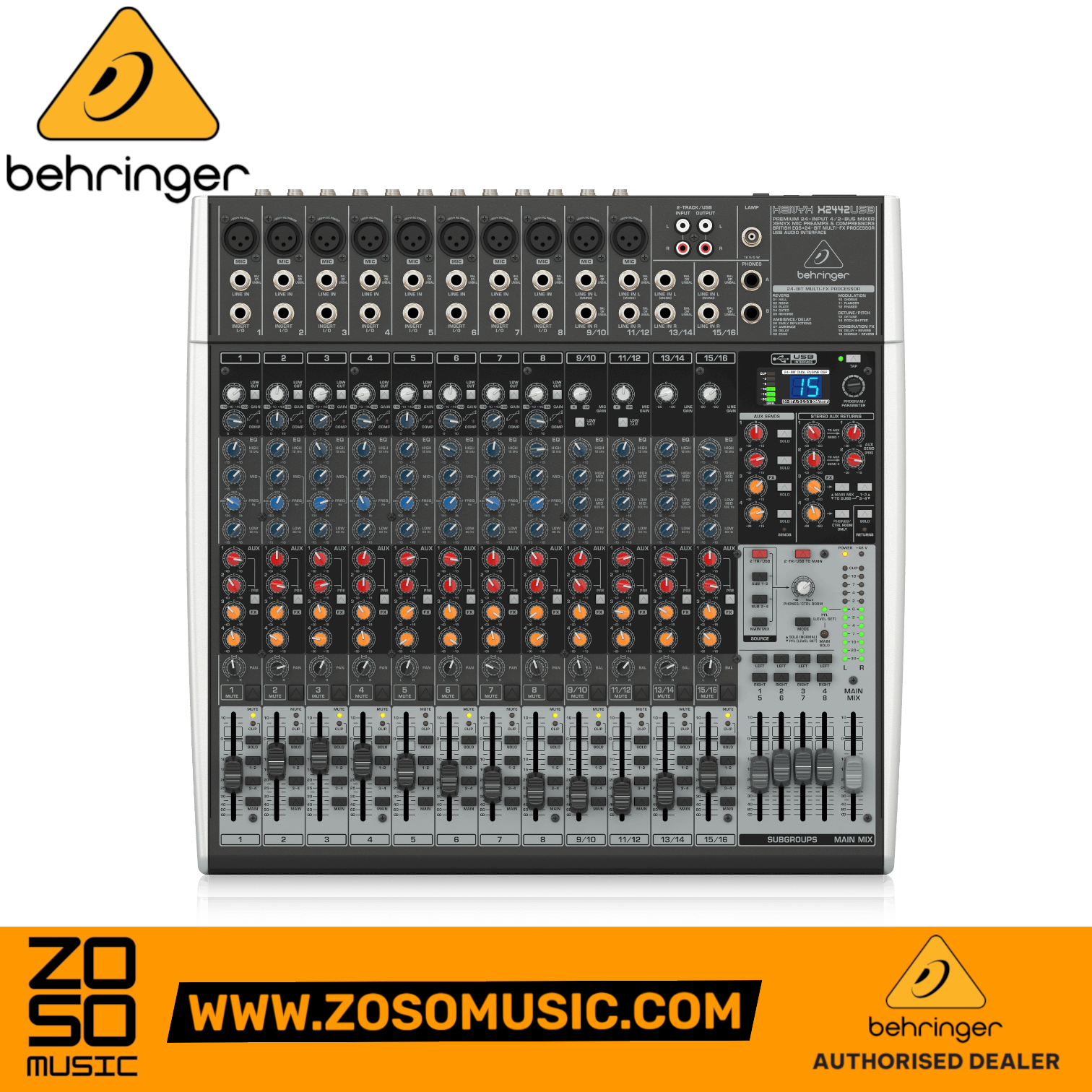 Zoso Music Behringer Xenyx X2442USB 12-channel analog mixer with USB interface, effects, and faders.