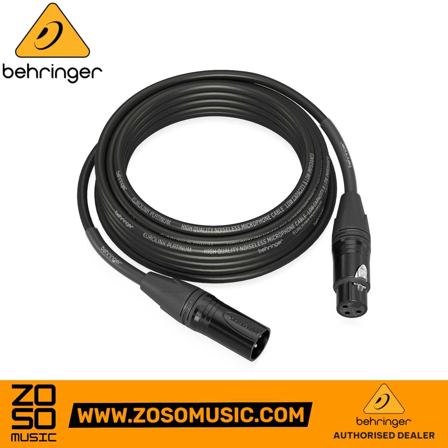 Zoso Music Behringer PMC-1000 10m balanced XLR microphone cable with black Neutrik connectors