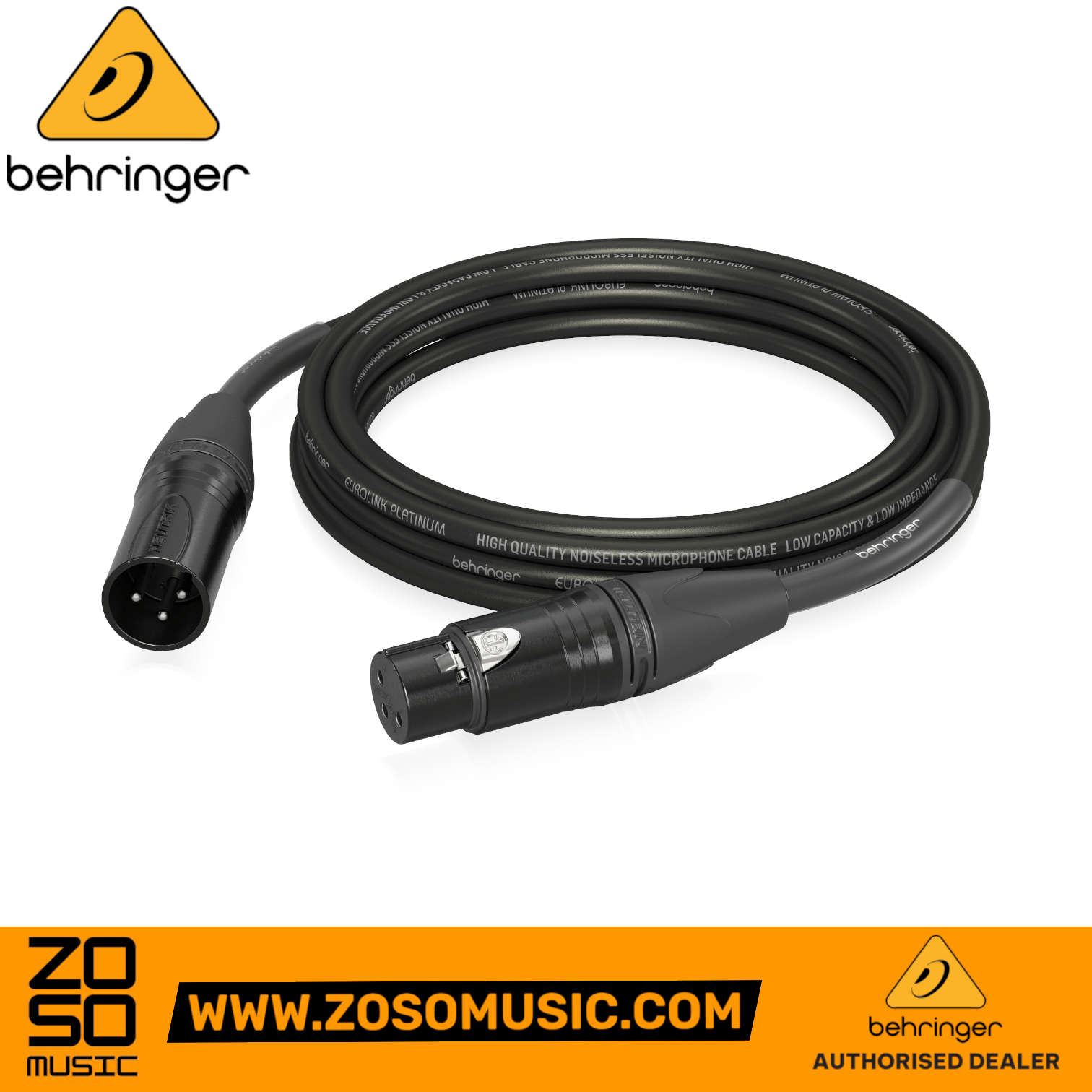 Zoso Music Behringer PMC-500 5m balanced microphone cable with black Neutrik XLR connectors and durable shielding