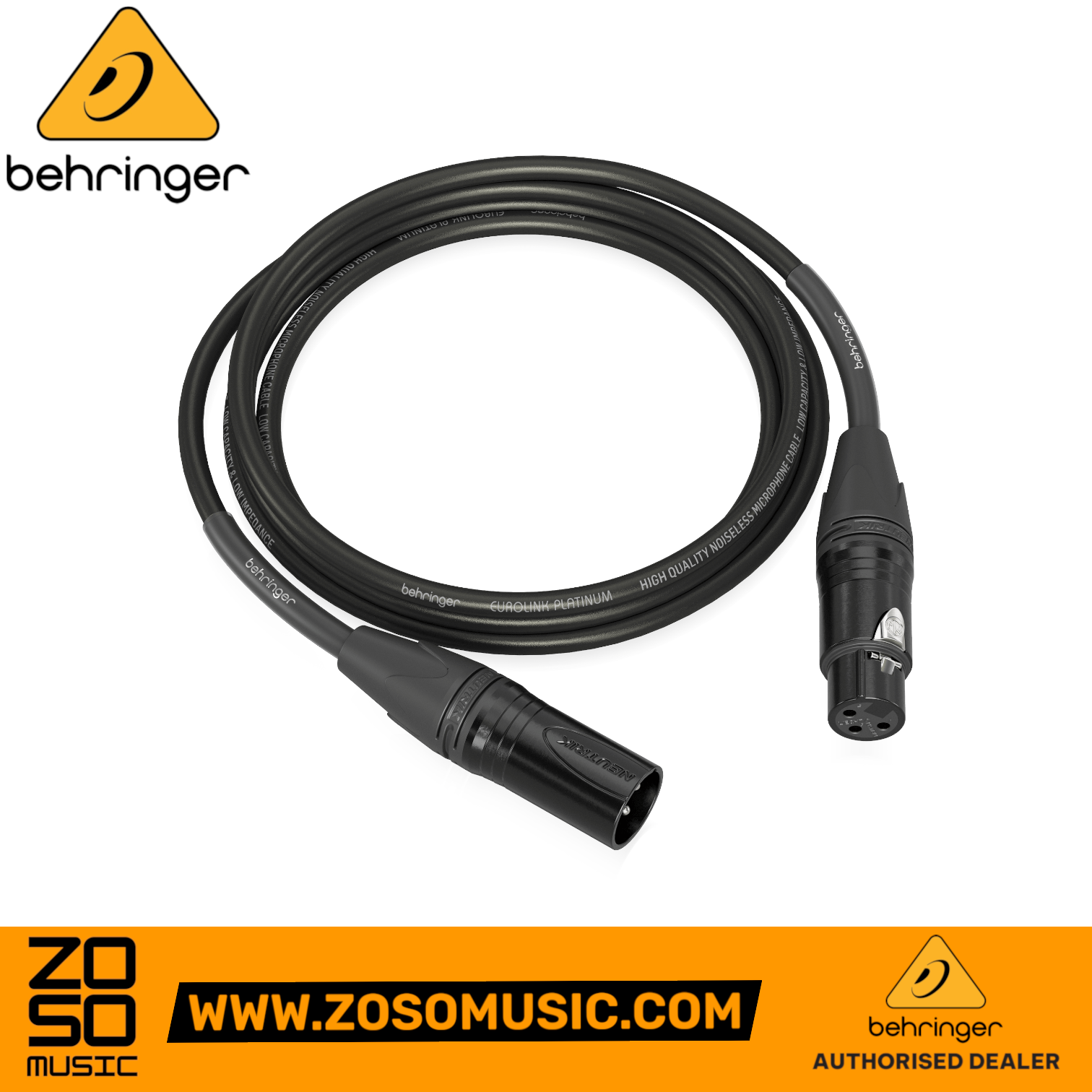 Zoso Music Behringer PMC-300 3m XLR microphone cable with black Neutrik connectors and durable black shielding
