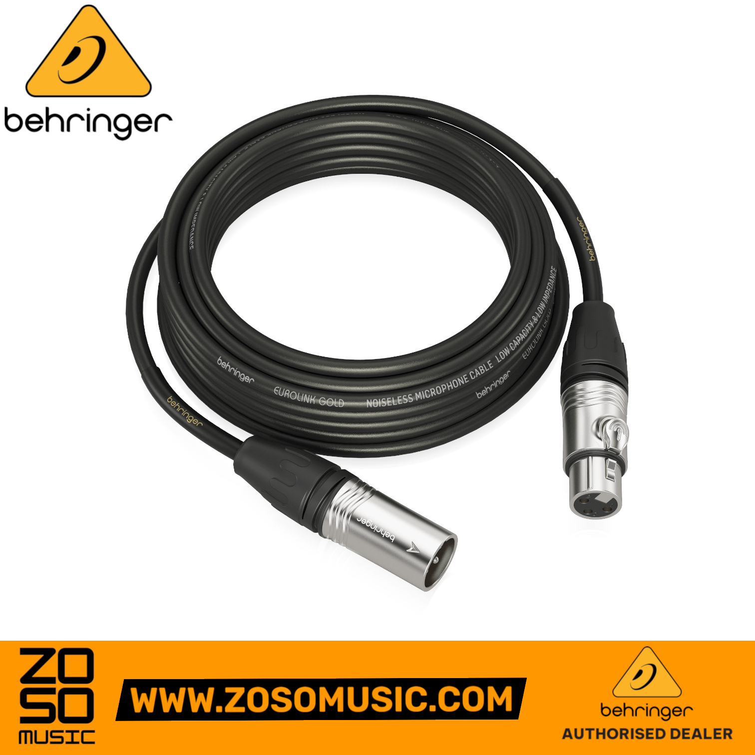 Zoso Music Behringer GMC-1000 10m XLR microphone cable with durable metal connectors and black shielding