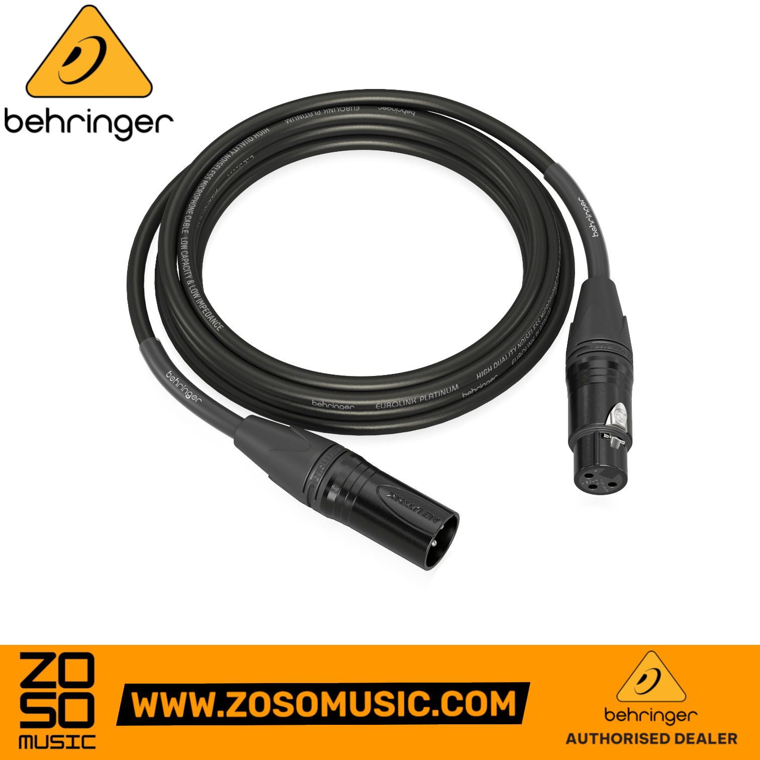 Zoso Music Behringer PMC-500 5m balanced microphone cable with black Neutrik XLR male and female connectors