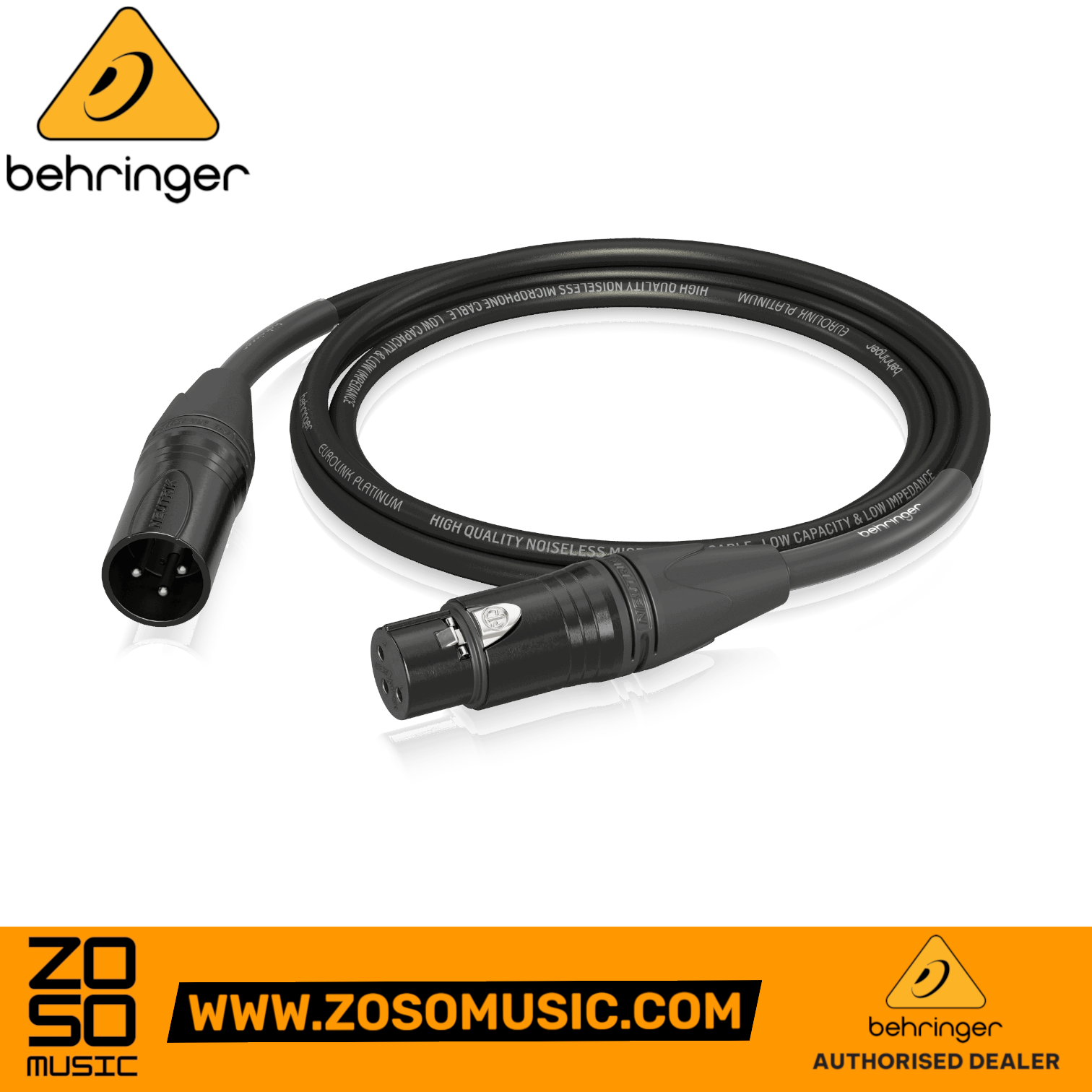 Zoso Music Behringer PMC-150 1.5m XLR microphone cable with black Neutrik connectors and durable shielding