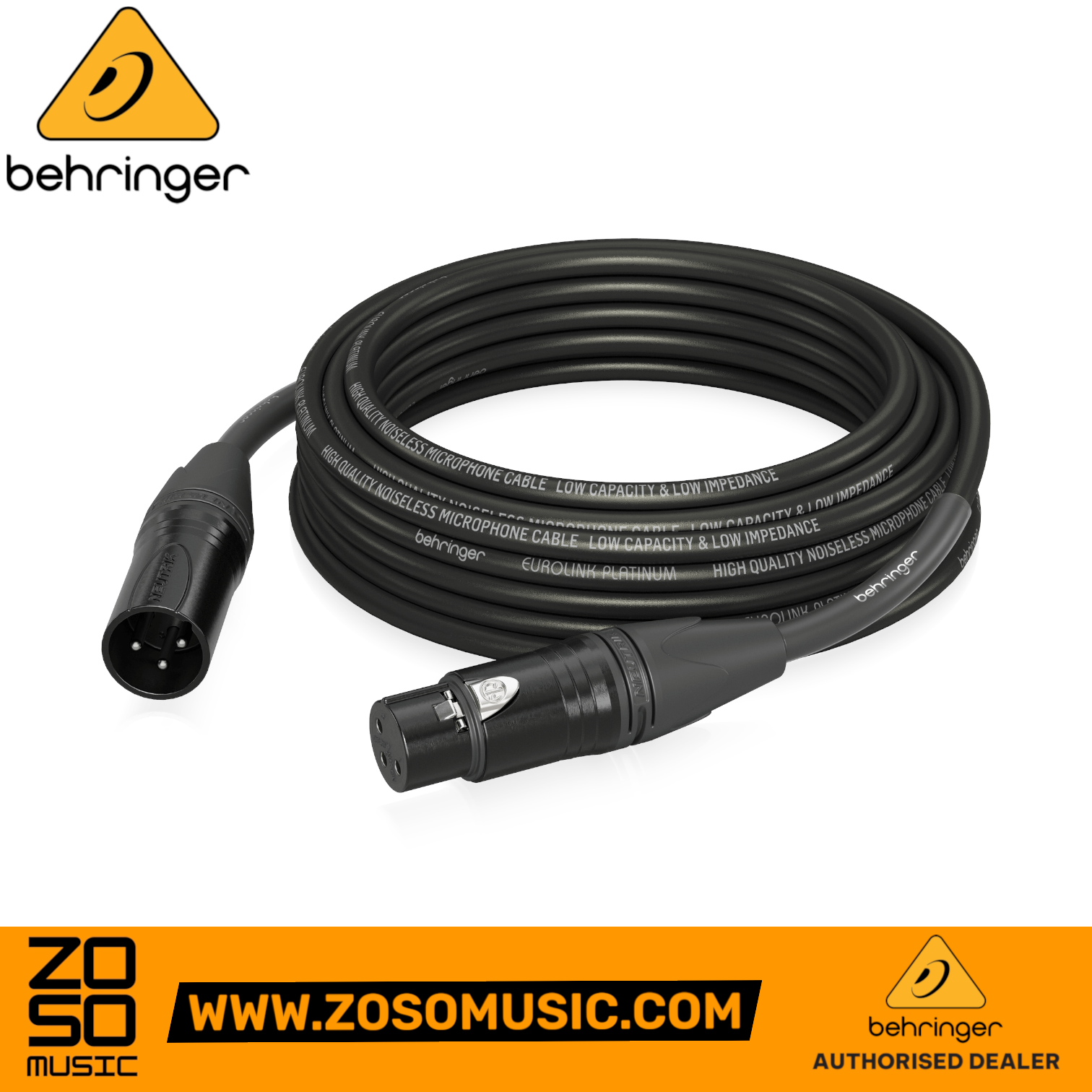 Zoso Music Behringer PMC-1000 10m balanced microphone cable with black Neutrik XLR connectors