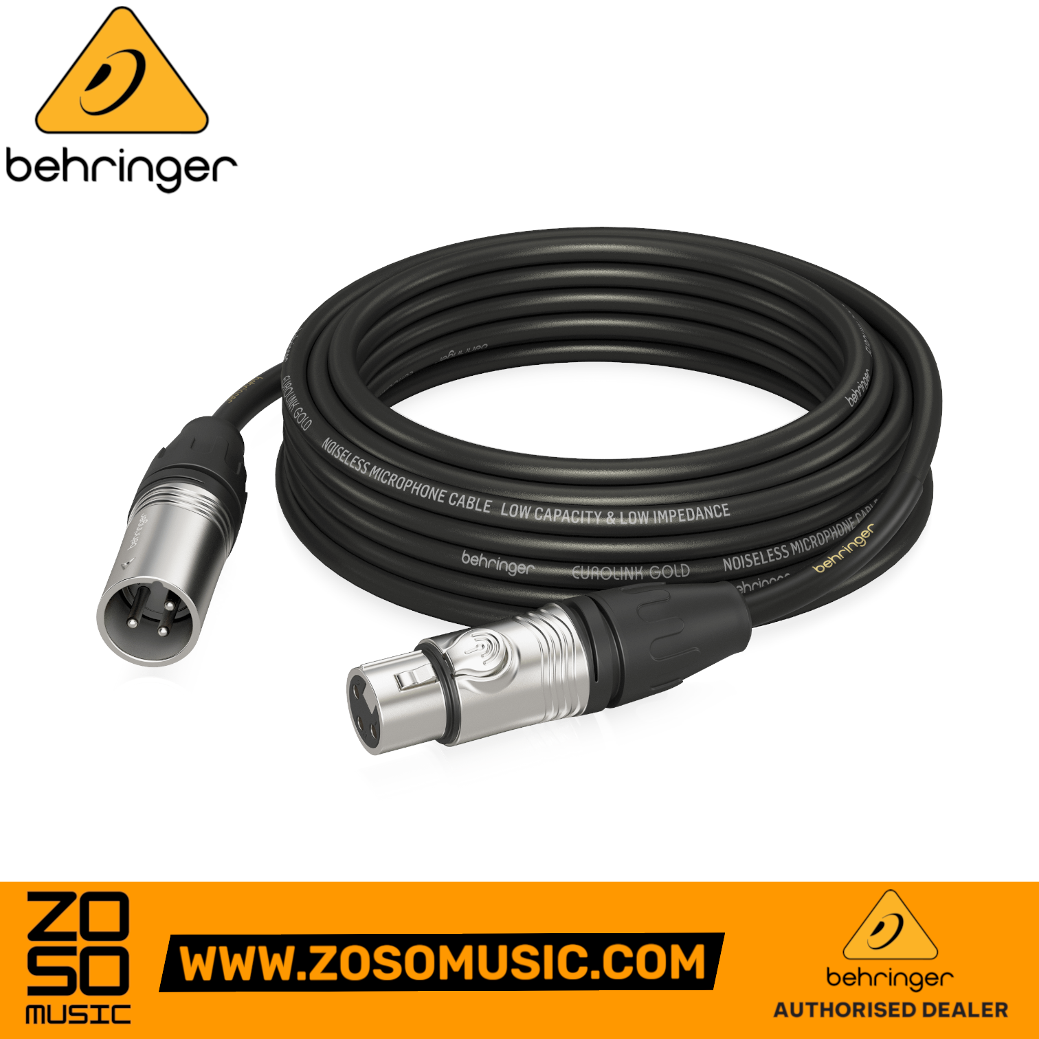 Zoso Music Behringer GMC-1000 10m XLR microphone cable with black insulation and durable metal connectors