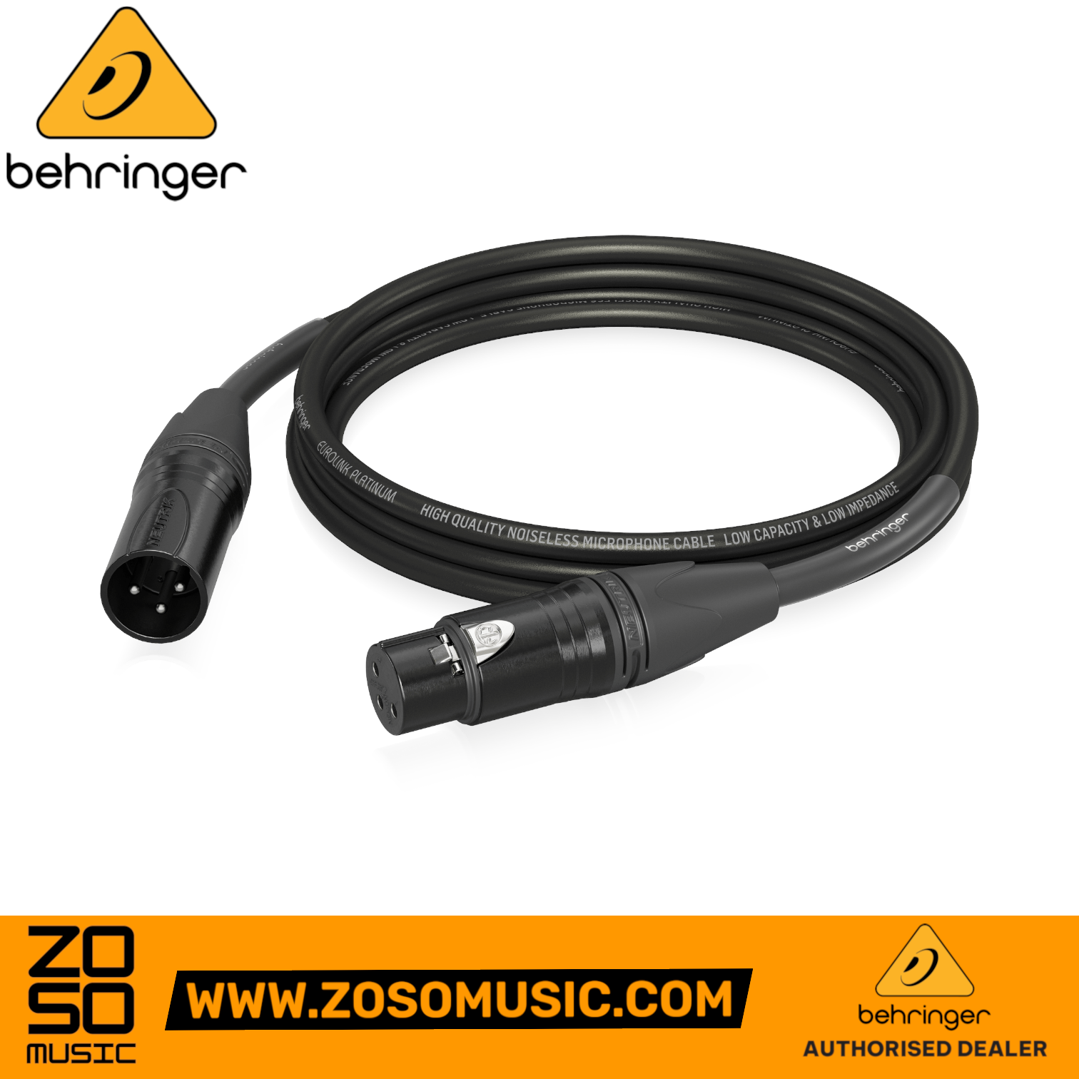 Zoso Music Behringer PMC-300 3m XLR microphone cable with black Neutrik connectors and durable black shielding