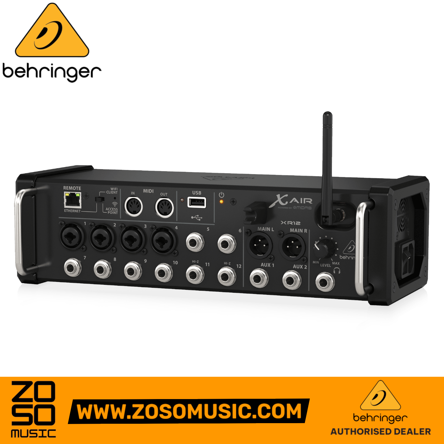 Zoso Music Behringer X Air XR12 12-input digital mixer with Midas preamps, Wi-Fi antenna, and rackmount chassis.