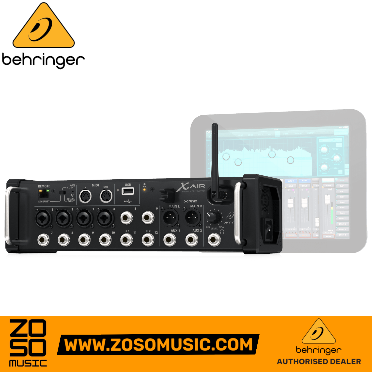 Zoso Music Behringer X Air XR12 digital mixer with tablet control interface, showing inputs and rackmount design.