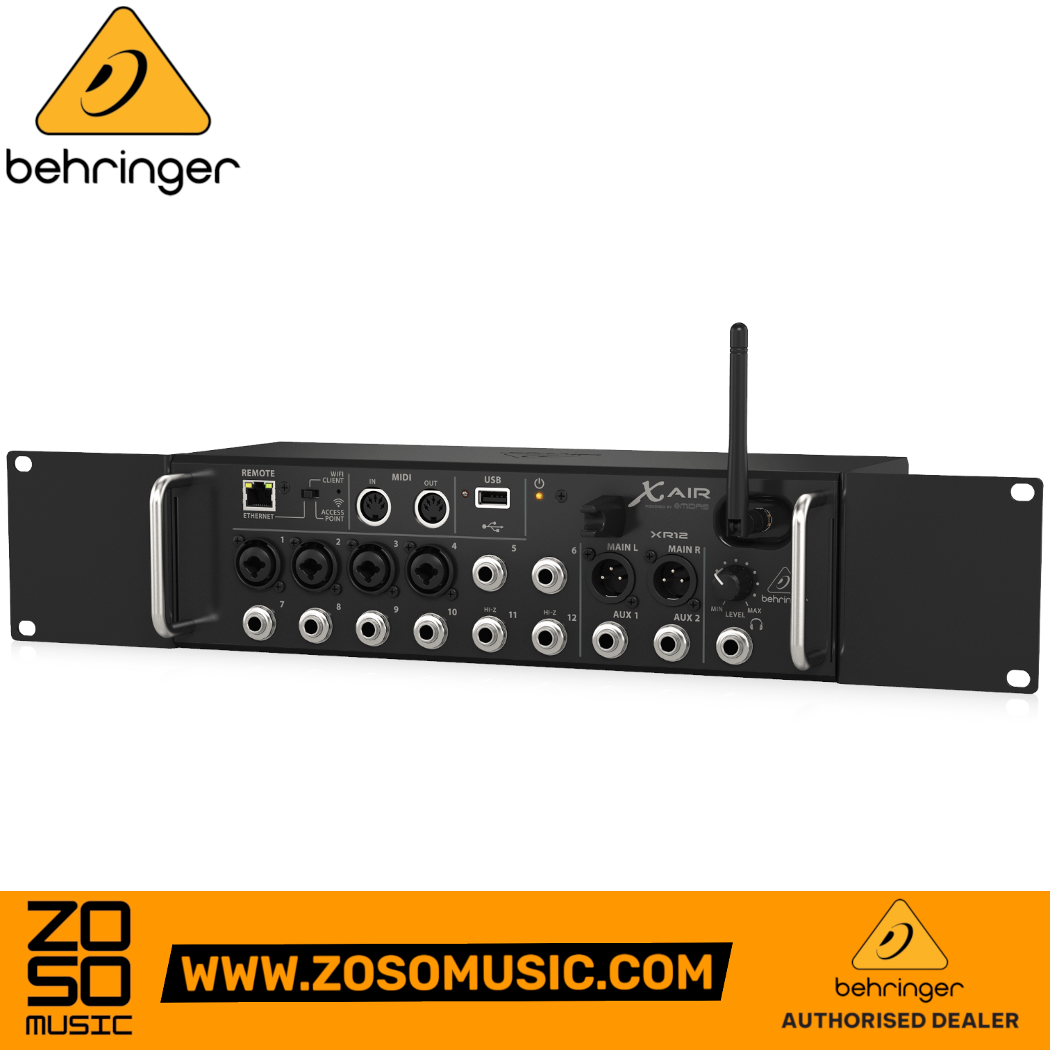 Zoso Music Behringer X Air XR12 digital mixer with 12 inputs, rack ears, and integrated Wi-Fi antenna