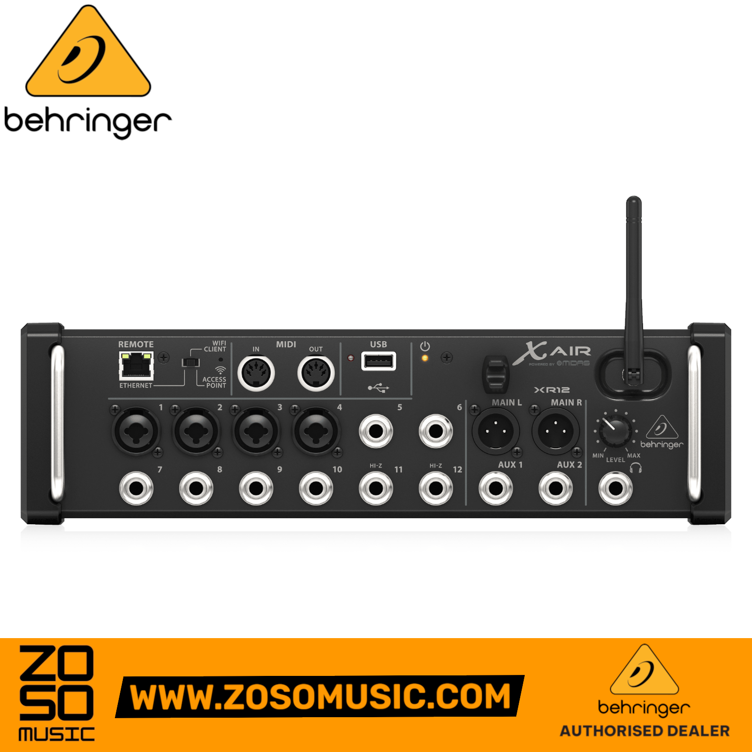 Zoso Music Behringer X Air XR12 12-input digital mixer with Midas preamps, Wi-Fi antenna, and rackmount chassis.
