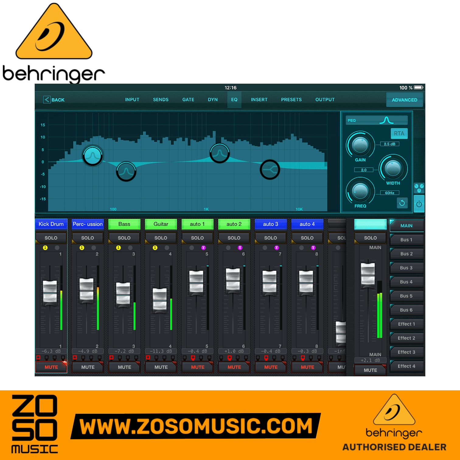 Zoso Music Behringer X Air XR12 digital mixer app interface showing EQ settings and channel faders on a tablet