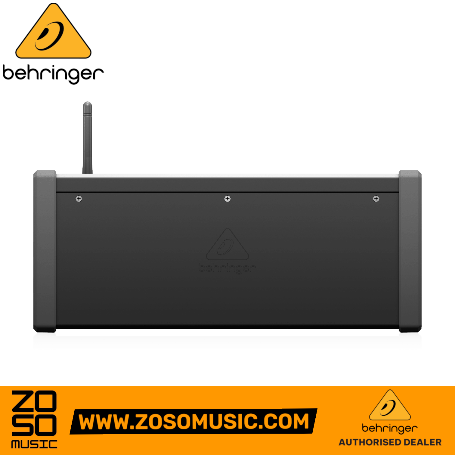 Zoso Music Behringer X Air XR16 digital mixer back view showing the Wi-Fi antenna and rackmount chassis design.