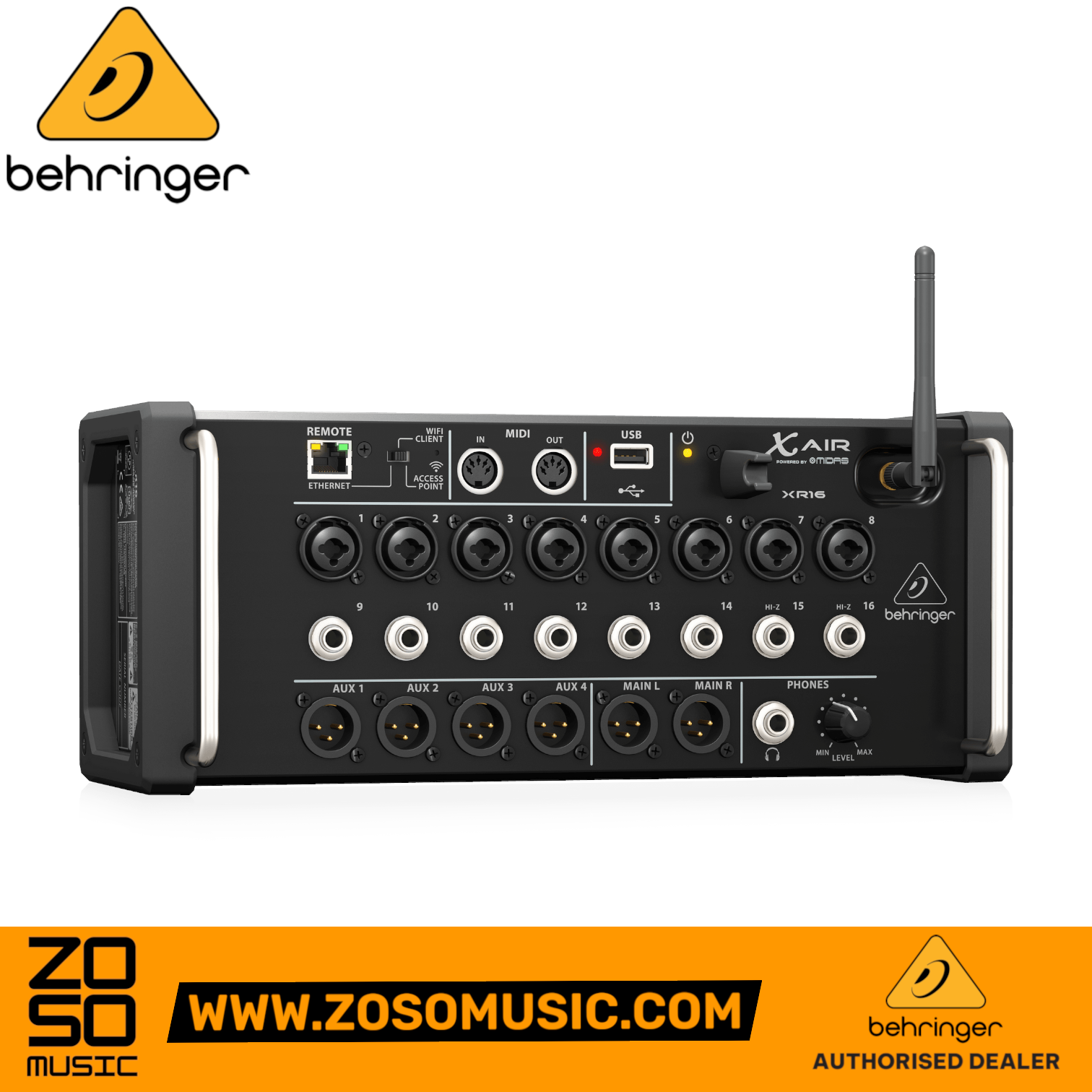 Zoso Music Behringer X Air XR16 digital mixer rear panel showing XLR combo inputs, MIDI, USB, and Wi-Fi antenna.