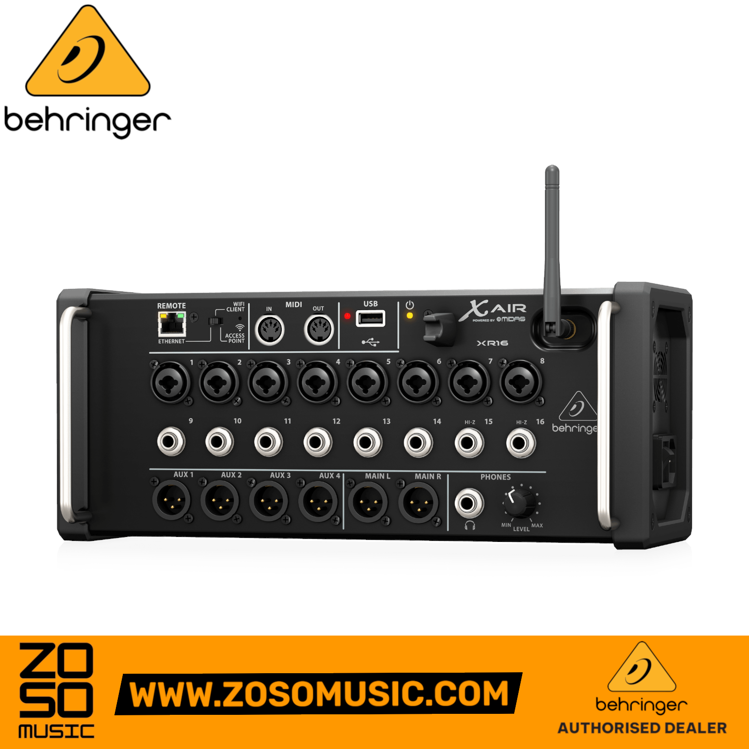Zoso Music Behringer X Air XR16 16-input digital mixer with Midas preamps, Wi-Fi antenna, and rackmount chassis.