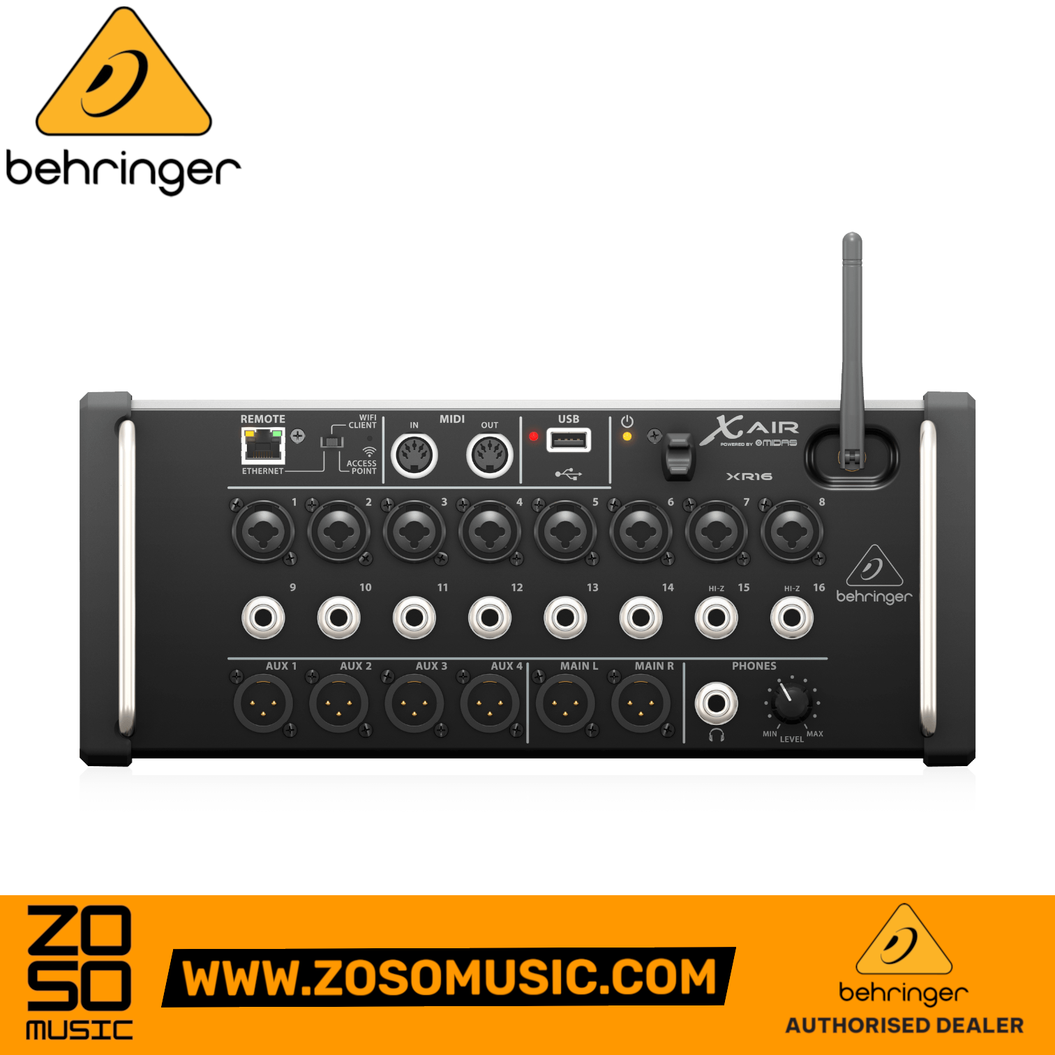 Zoso Music Behringer X Air XR16 16-input digital mixer with Midas preamps, Wi-Fi antenna, and rackmount chassis.