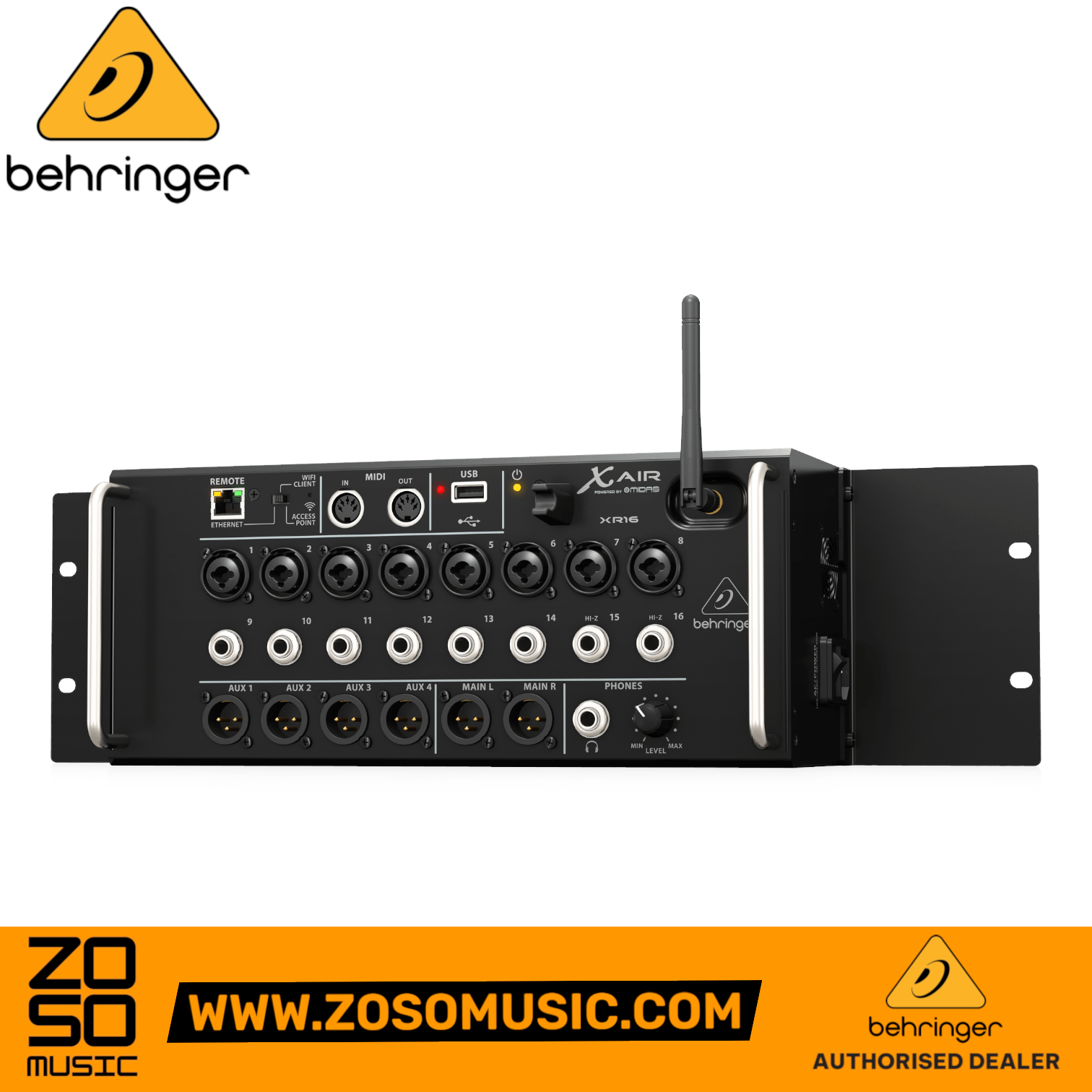 Zoso Music Behringer X Air XR16 16-input digital mixer with Midas preamps, Wi-Fi antenna, and rackmount ears.