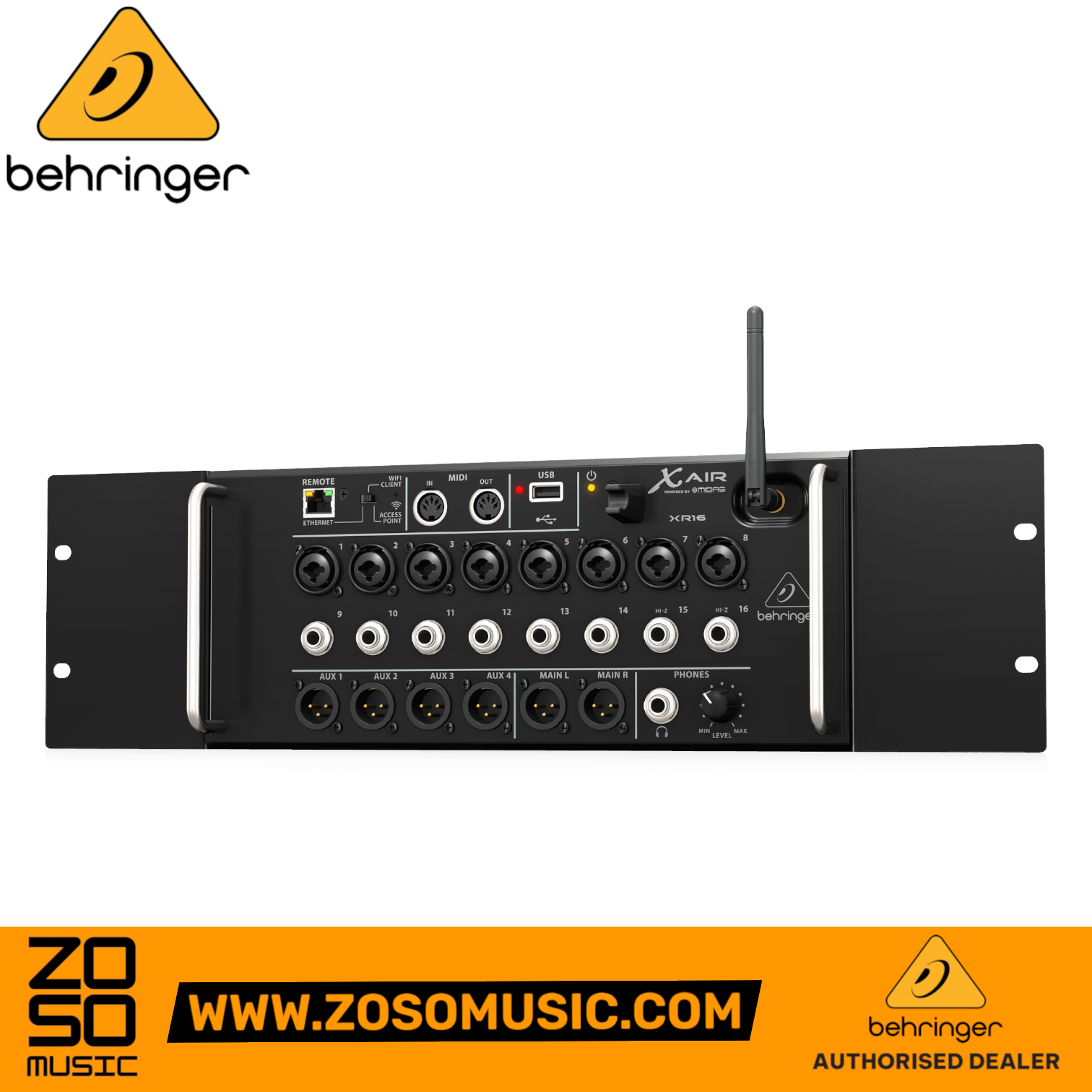 Zoso Music Behringer X Air XR16 digital mixer featuring 16 inputs, Midas preamps, and integrated Wi-Fi antenna.