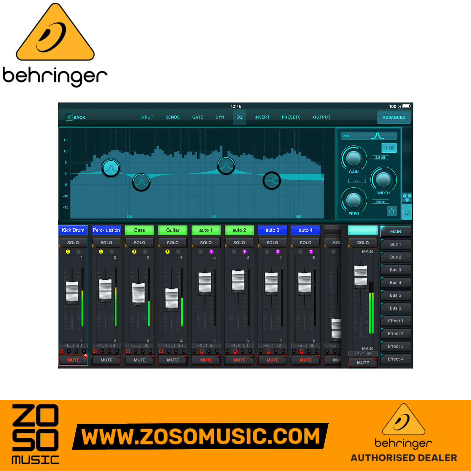 Zoso Music Behringer X Air XR18 digital mixer control app interface showing EQ settings and channel faders on tablet