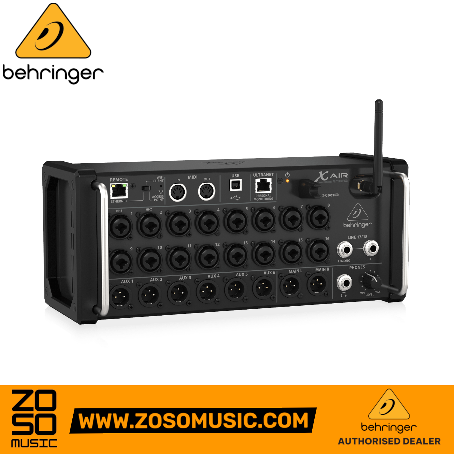 Zoso Music Behringer X Air XR18 18-channel digital mixer with Midas preamps, Wi-Fi, and USB interface, rear view.