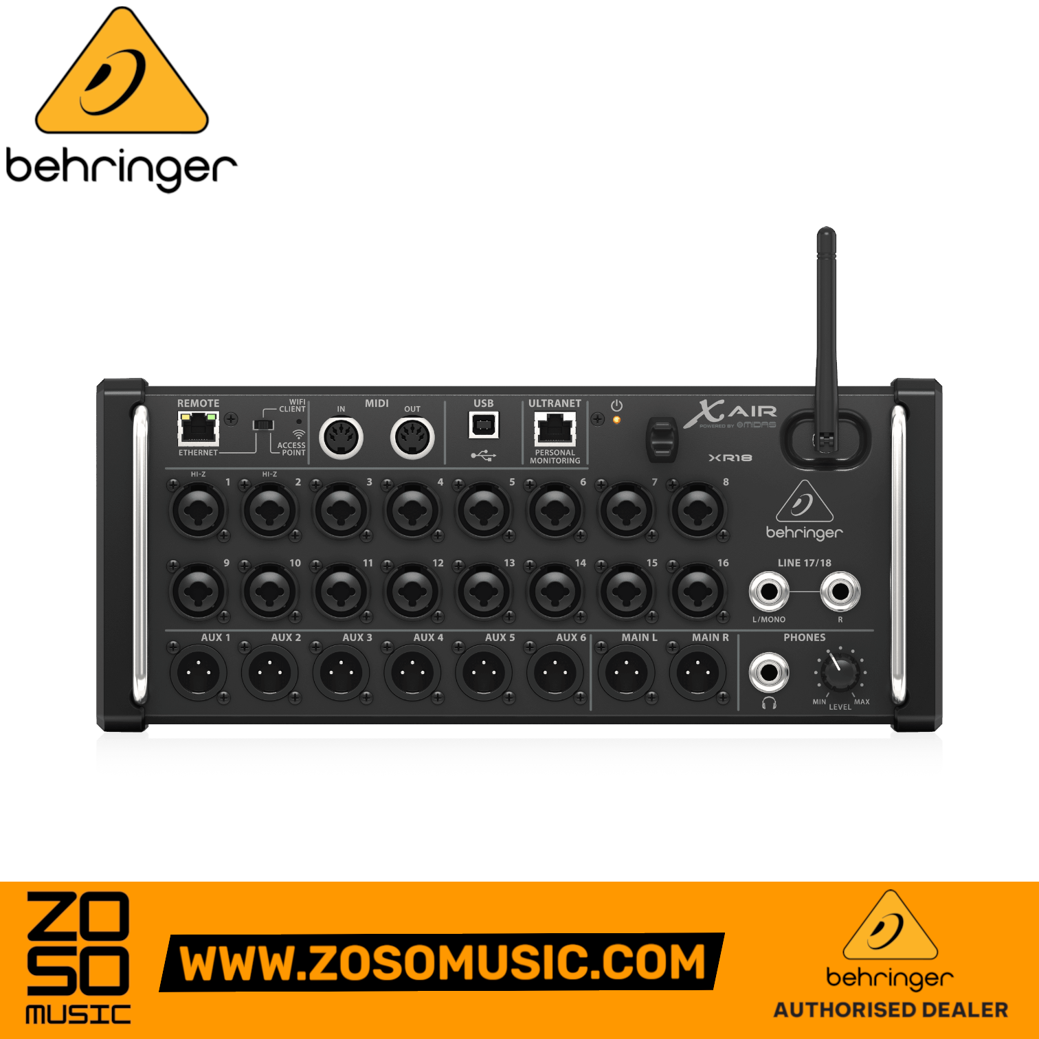 Zoso Music Behringer X Air XR18 18-channel digital mixer with Midas preamps, Wi-Fi, and USB interface.