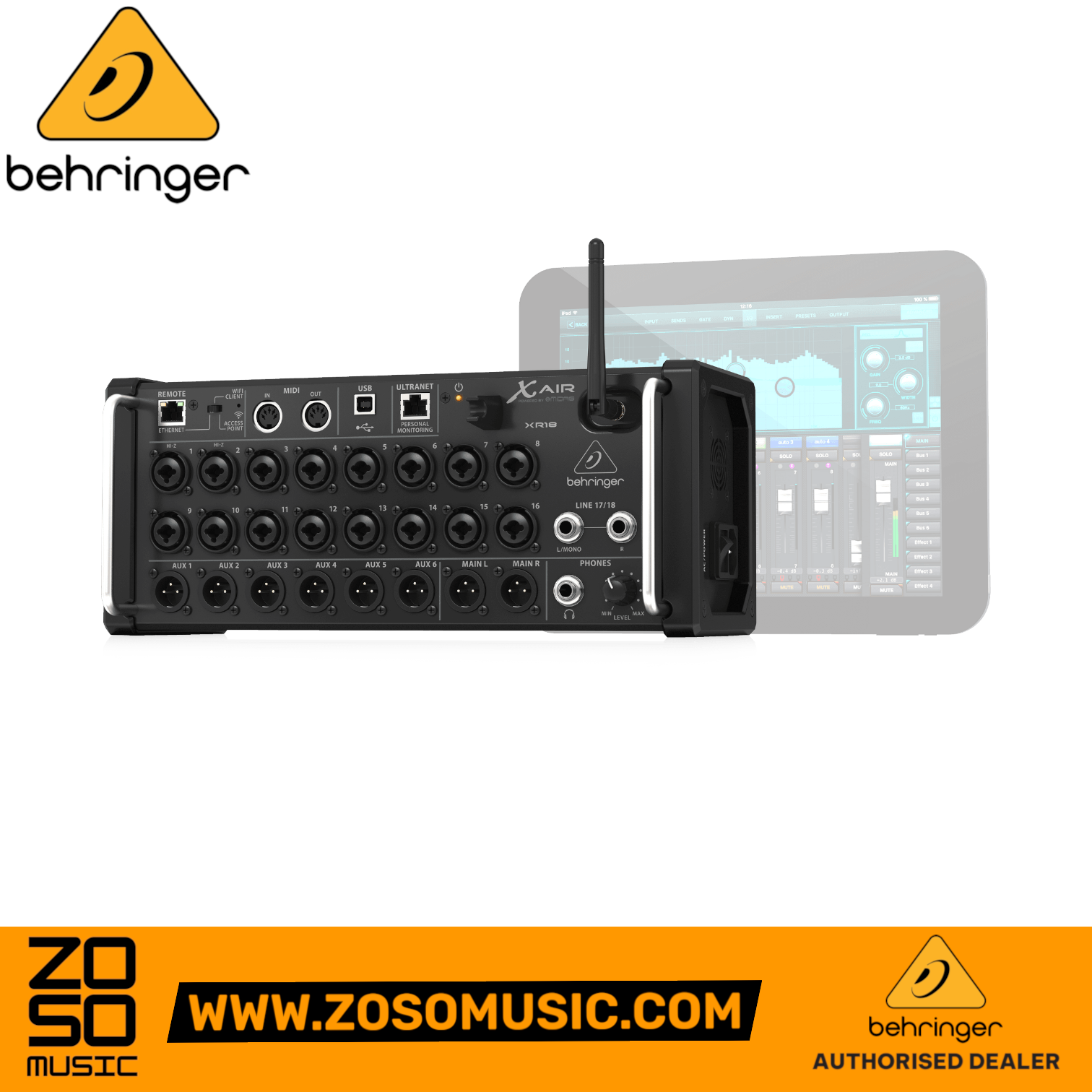 Zoso Music Behringer X Air XR18 digital mixer with 16 Midas preamps and tablet control interface