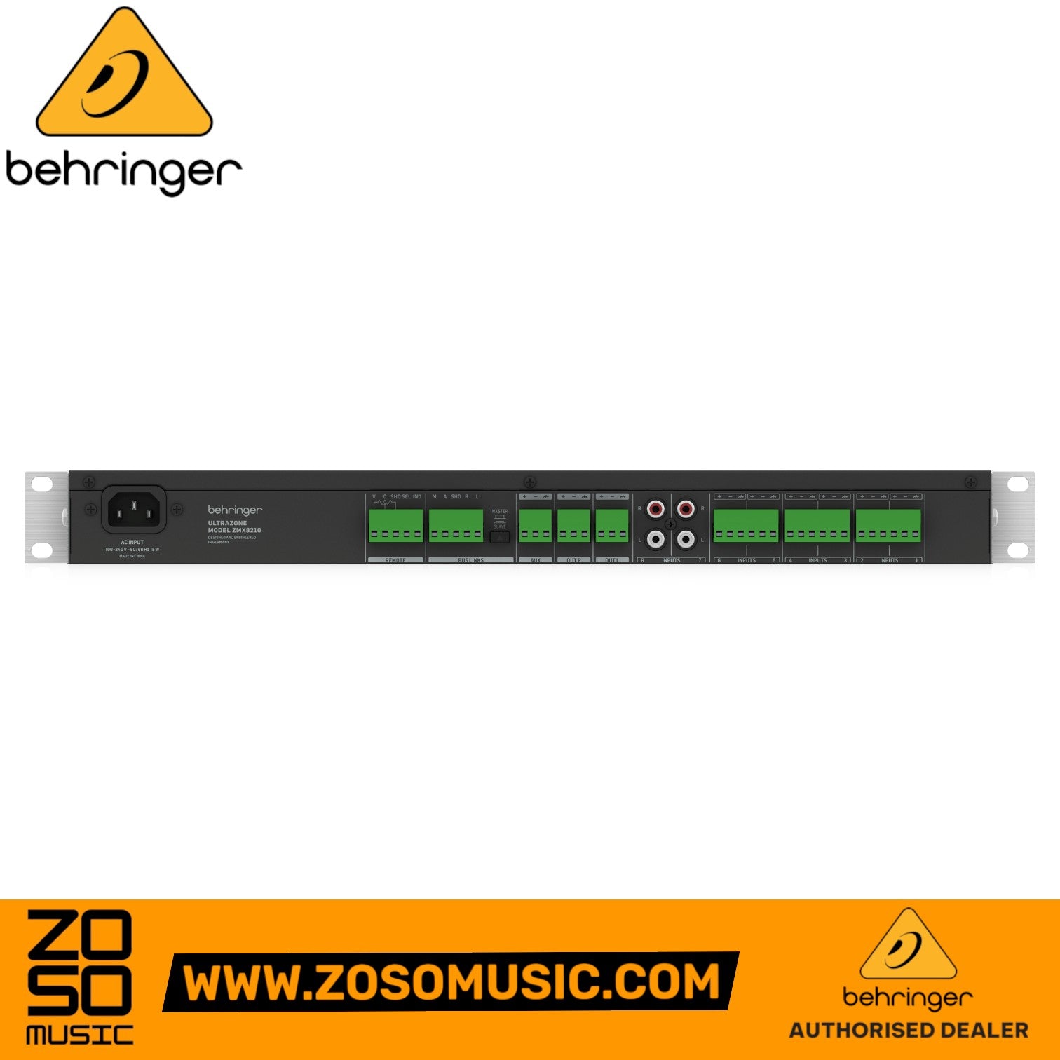 Zoso Music Behringer Ultrazone ZMX8210 V2 rackmount zone mixer rear panel with Euro-type connectors and RCA inputs